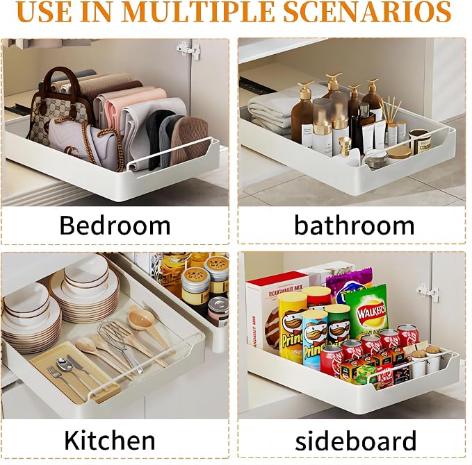 Pull Out Cabinet Organizer Fixed with Adhesive Nano Film, Slide Out Dish Drying Rack for Kitchen Cabinets, Pull Out Drawer for Kitchen Under Sink Organizer