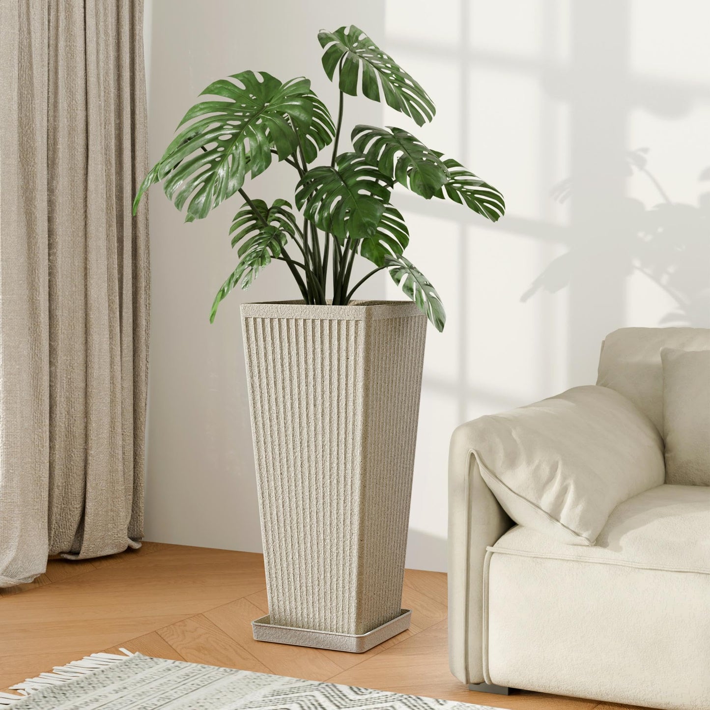 Trygoal Square Tall Planters for Outdoor Plants Set of 2-23.6" Heavy-Duty Classic Tapered Indoor Flower Pots with Drainage Holes/Partition/Tray, Large Outdoor Planters for Porch Patio, Beige Cream