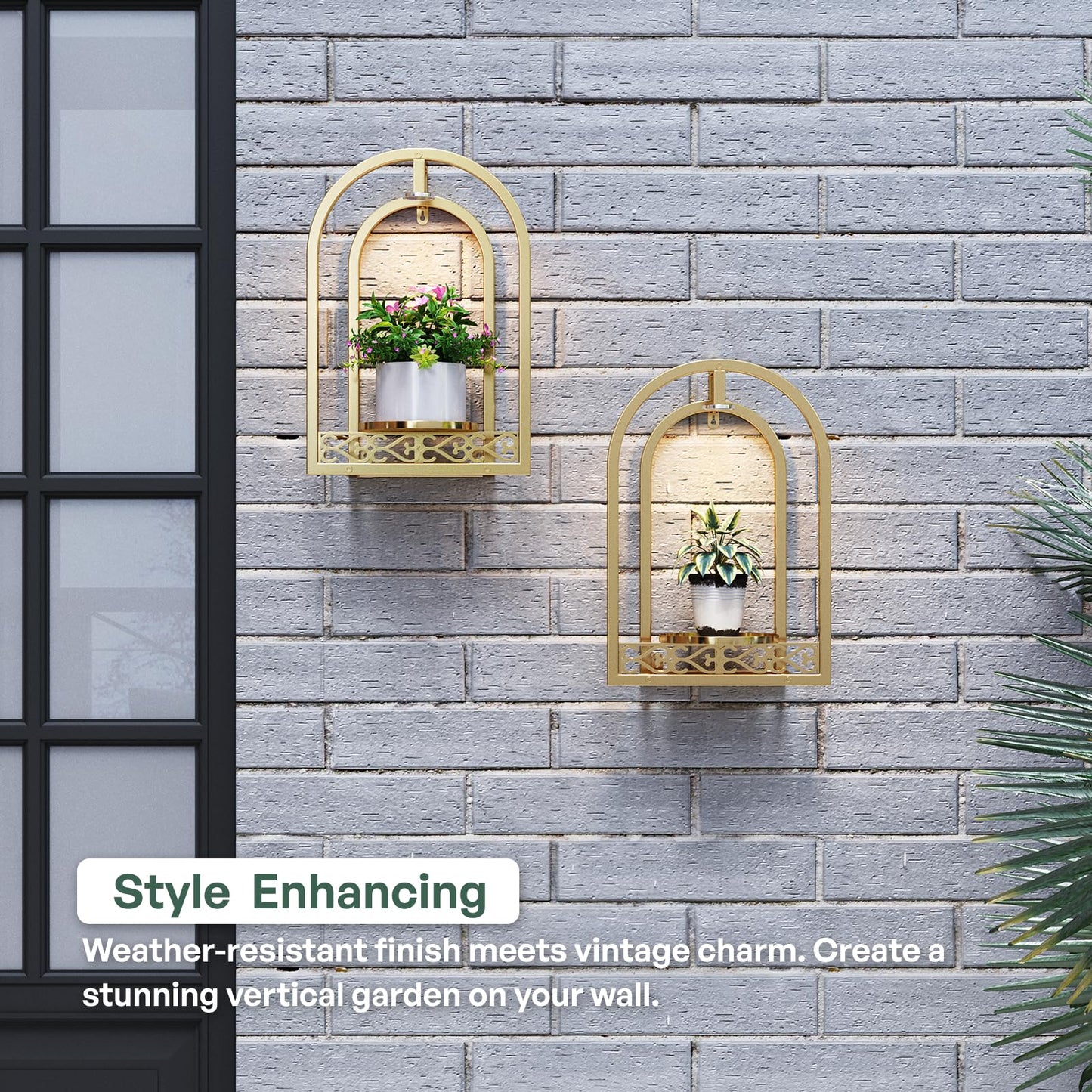Rioneta LED Grow Light Wall Hanging Planters with USB Power, Remote Control, Modern Decor for Indoor/Outdoor Plants, Living Room, Garden, Patio 2 Pack Gold