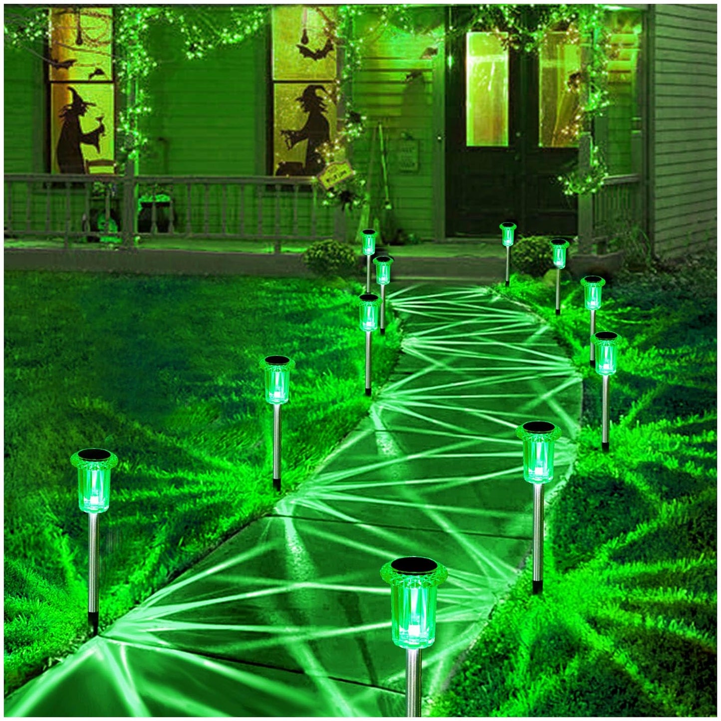 Gorrzai Solar Lights Outdoor 10 Pack Solar Pathway Lights Green Halloween Decorations Waterproof Yard Lighting for Outside Driveway Garden Walkway Path Landscape Lawn