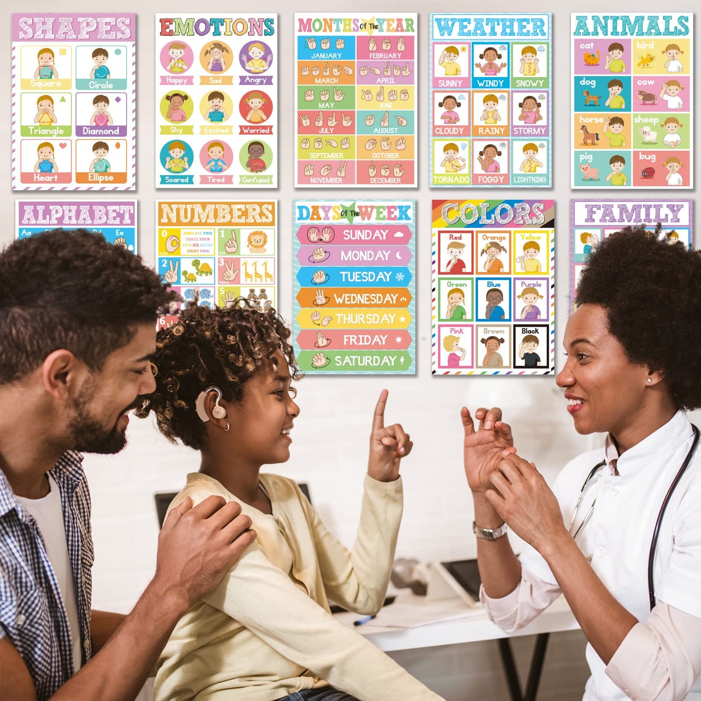 Set of 12 ASL Posters ABC Sign Language Flash Cards American Sign Language Learning Poster for Toddler Kids Students Classroom Decorations ASL Gift