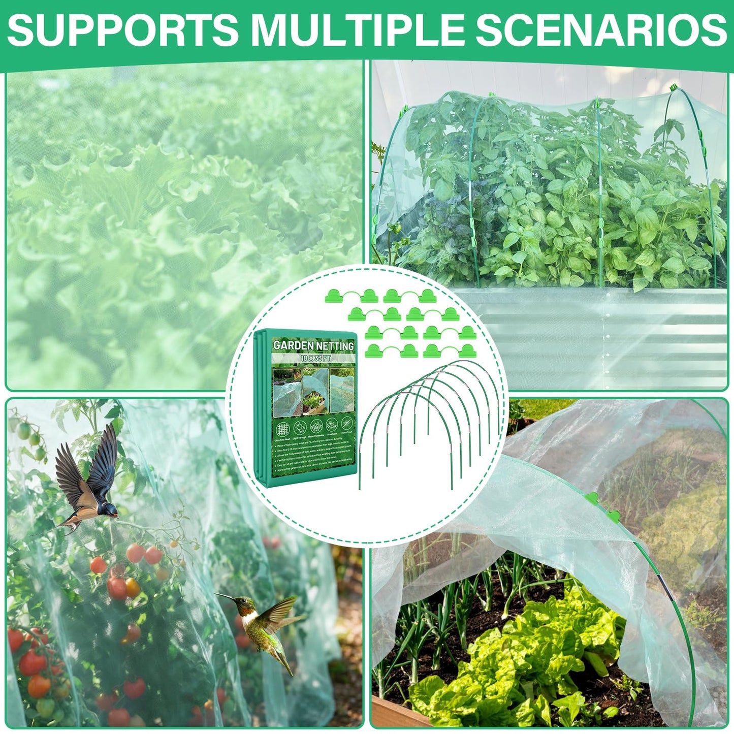 Sunwinx Garden Mesh Netting Kit for Raised Beds, 10x33FT Ultra Fine Mesh Netting& 6 Sets 8FT Fiberglass Garden Hoops, Insect Netting Row Cover, Pest Barrier Protection for Vegetable Fruits Flowers