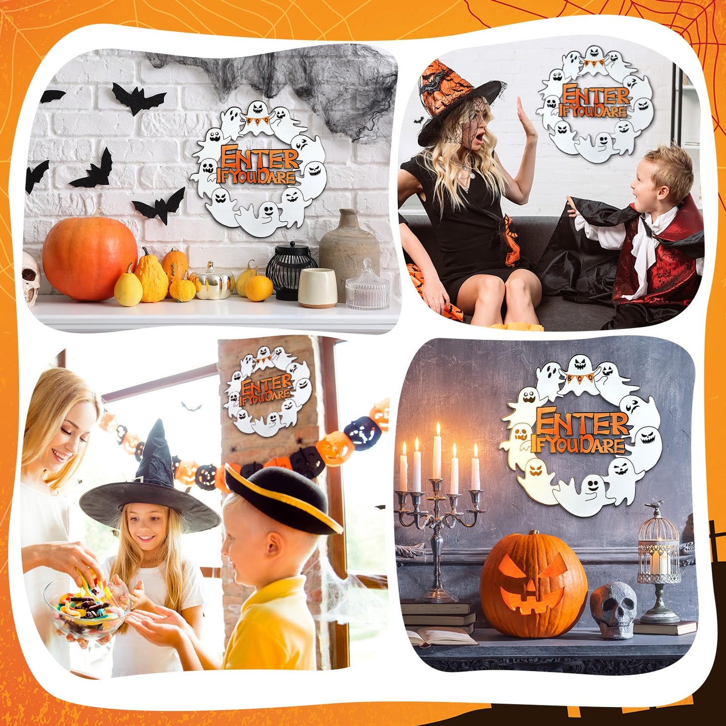 MorningRo Metal Ghost Wreaths for Front Door Halloween Hanging Wreaths Halloween Boo Enter If You Dare Hanging Welcome Sign for Porch Wall Home Outdoor, 13 Inch