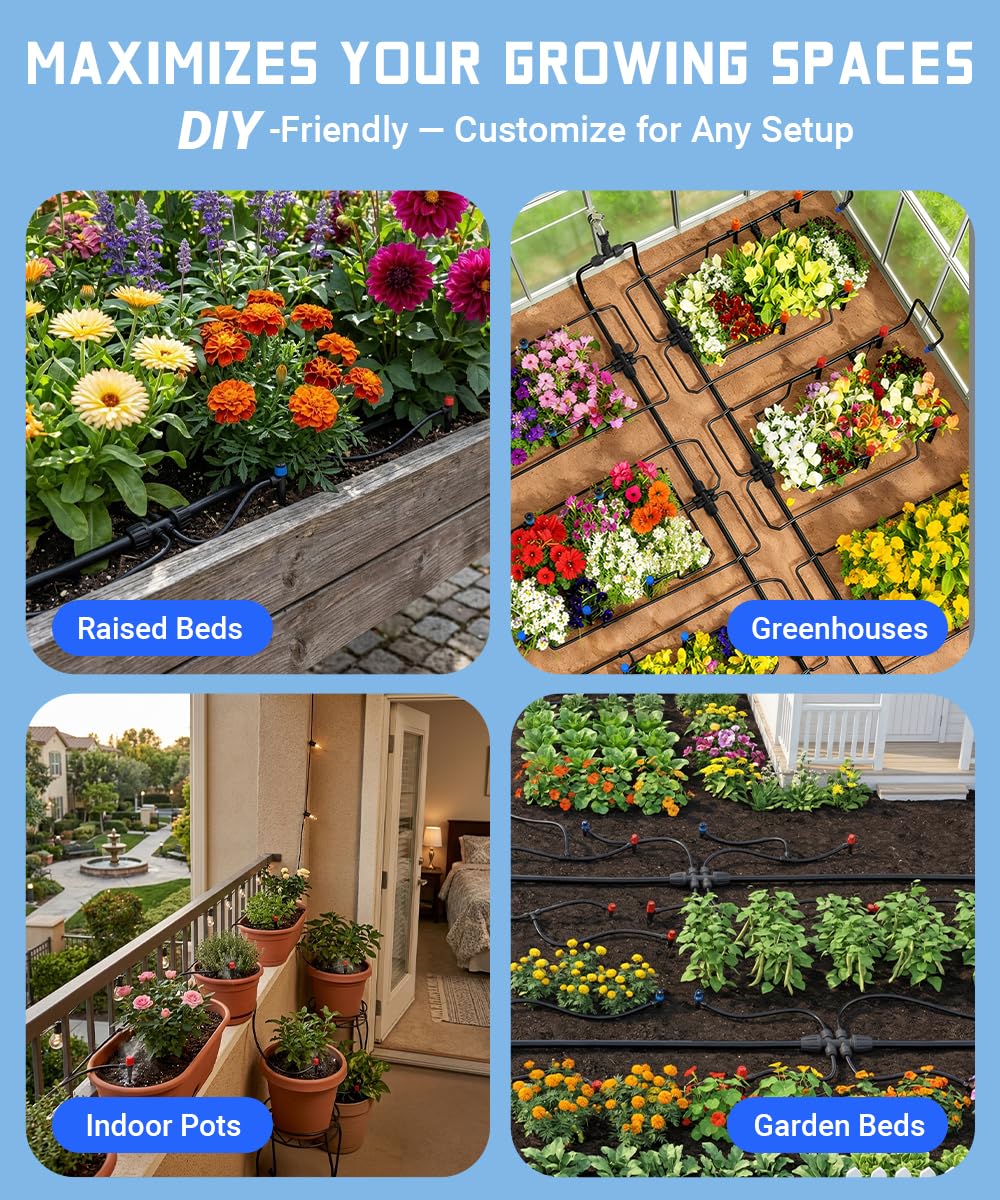 126FT Drip Irrigation System Kit with 30 Adjustable Nozzles, Leak-Proof & Easy-Connect Irrigation Kit with 1/2" & 1/4" Tubing, for Garden Watering Greenhouse, Lawn, Indoor Pots(26FT+100FT)