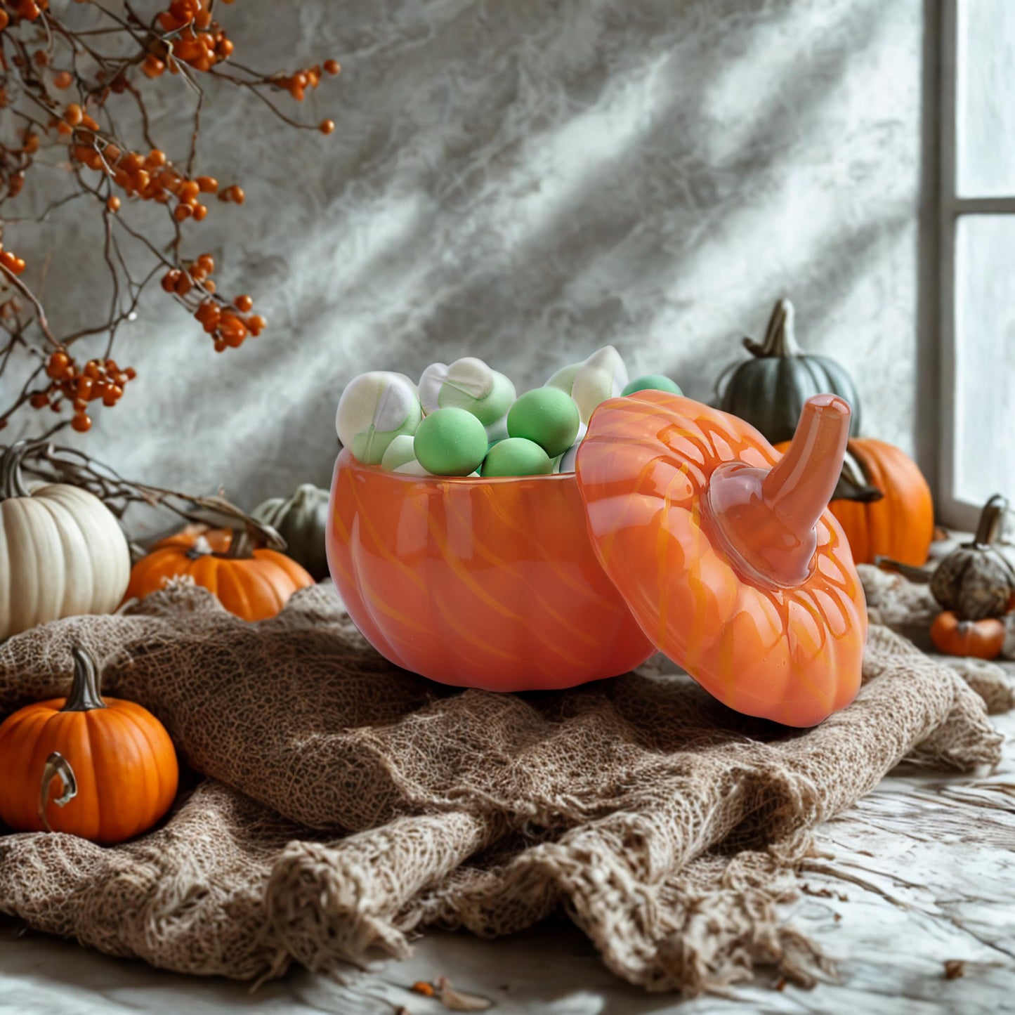 Stella Baicø Crystal Pumpkin Jar with Lid, Glass Candy Bowl with Cover for Halloween, Decorative Candy Dish for Home Decor, Party Centerpieces (S, Orange)