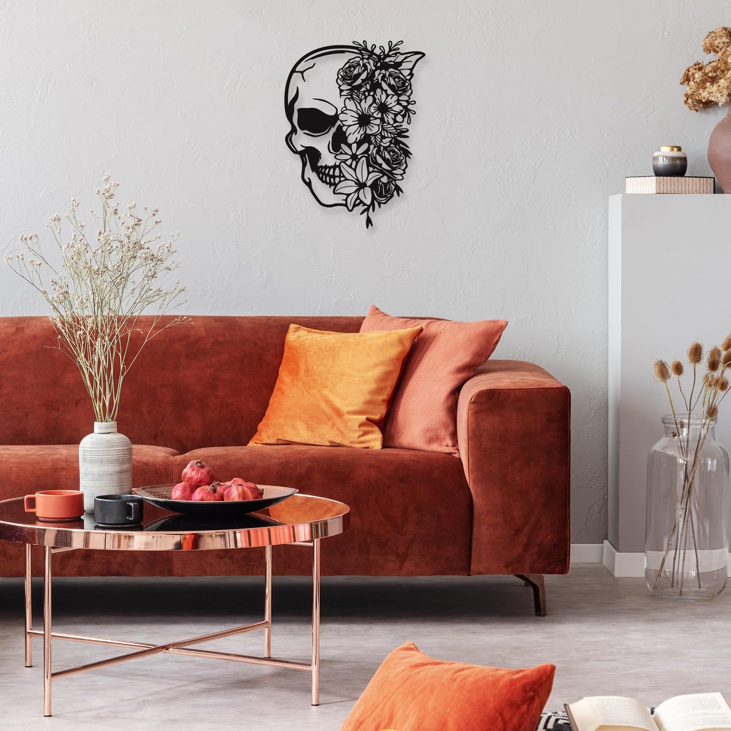 Rajukit Skull Wall Decor with Floral Accents - Gothic Wall Art 3D Metal Sculpture for Home, Halloween Decorations Outdoor & Goth Room Decor - Skeleton Eclectic Wall Art(14.4''x10.7'')