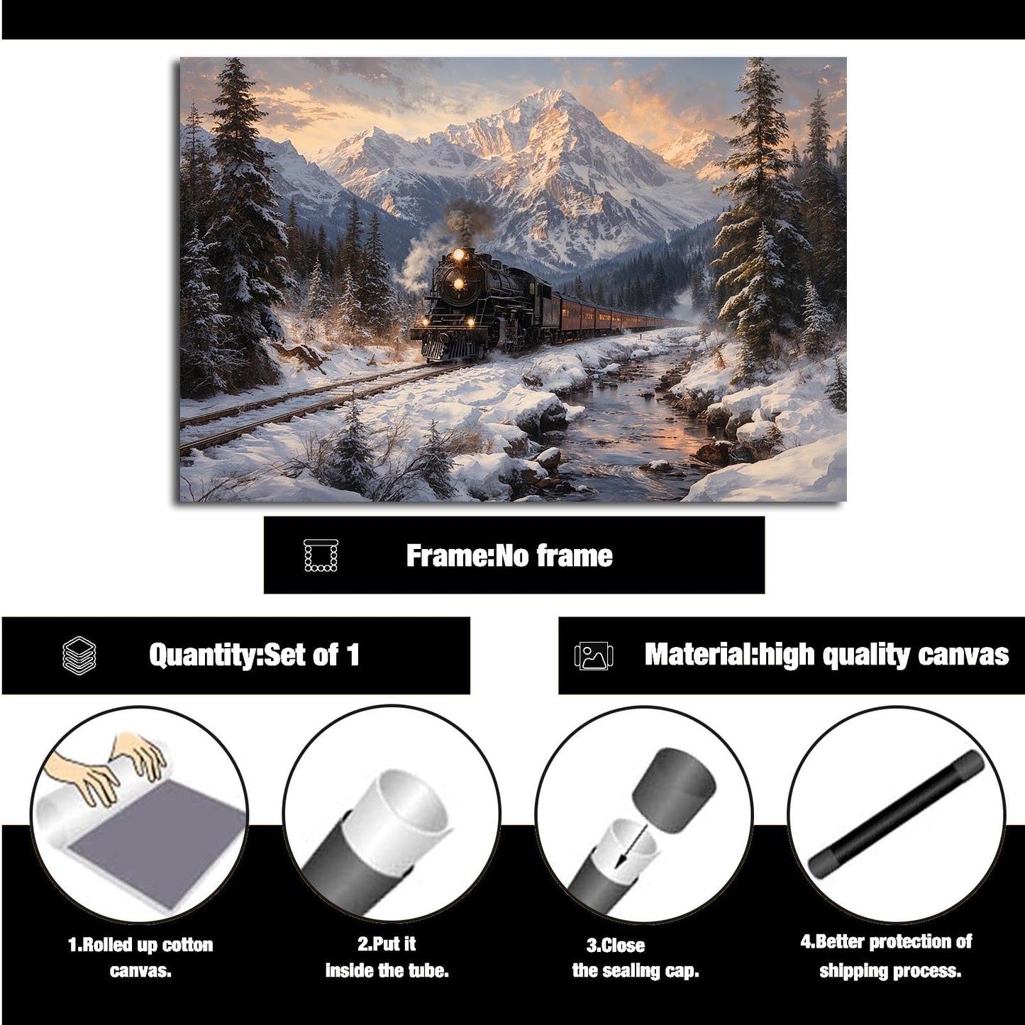 XWNLTEPK Winter Train Scenery Canvas Print Poster Wall Art Wall Decoration Winter Atmosphere Poster Suitable for Living Room Bedroom Farmhouse Home Decor Christmas Snow Mountain Pine Tree