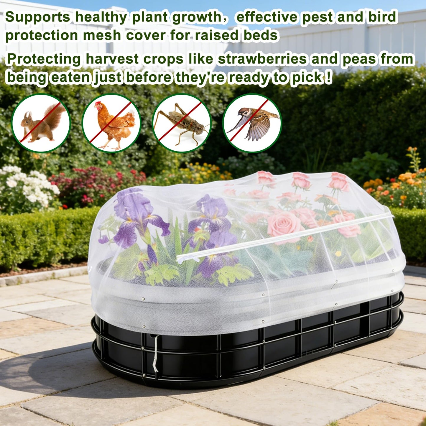 2 Pack Garden Netting for Raised Beds, Fine Mesh Bird Netting Barrier Screen with Zipper Drawstring Garden Bed Plant Cover for Protect Vegetable Fruits Crop from Animals Pest Insect, 4.3×2.3×2Ft