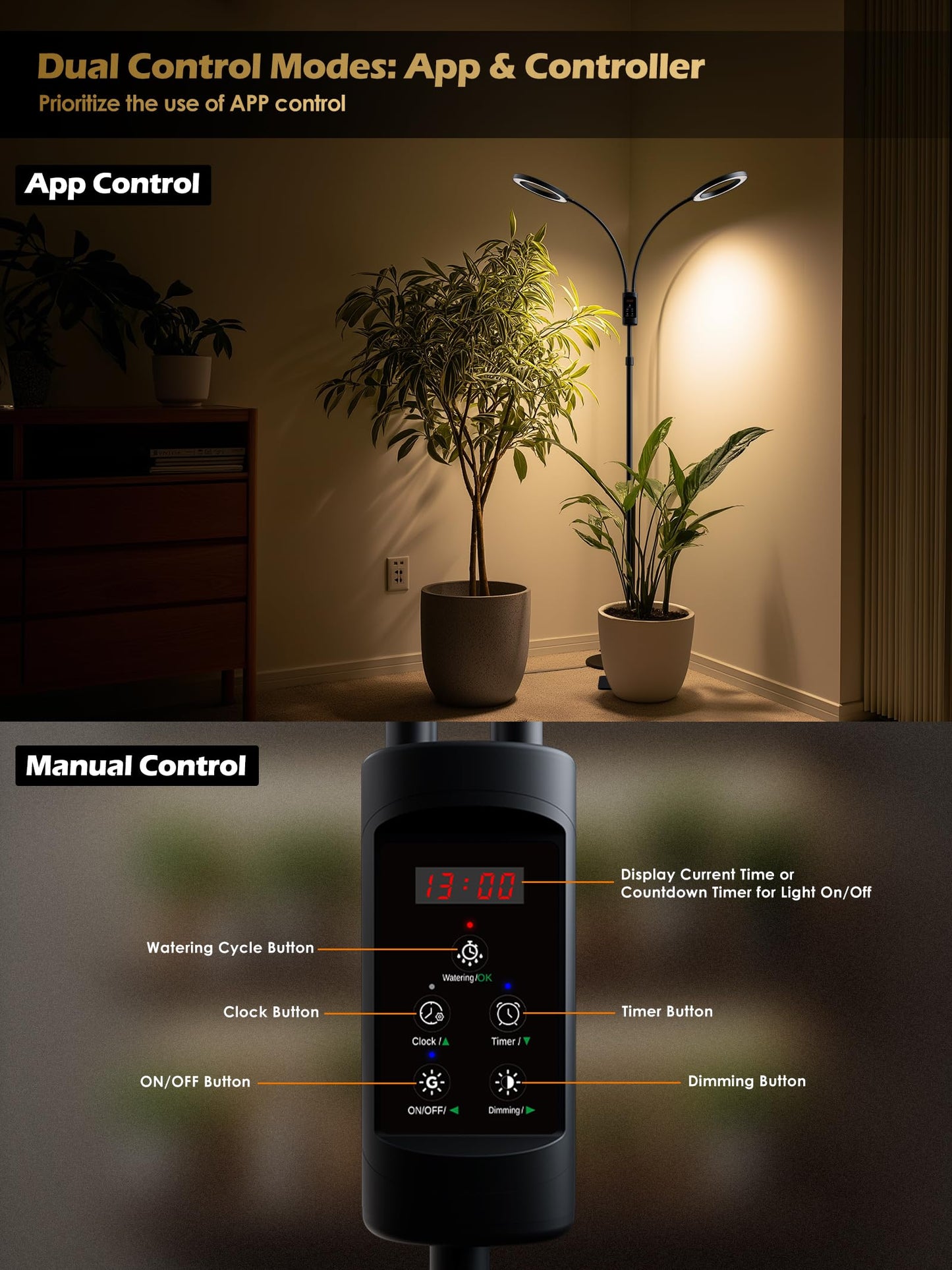 Smart Grow Lights for Indoor Plants, Plant Light with Auto-Timer, Full Spectrum LED Grow Light, Adjustable Height & Stepless Dimming,Plant Assistant Suitable for Most Plants (Black, Dual Heads)