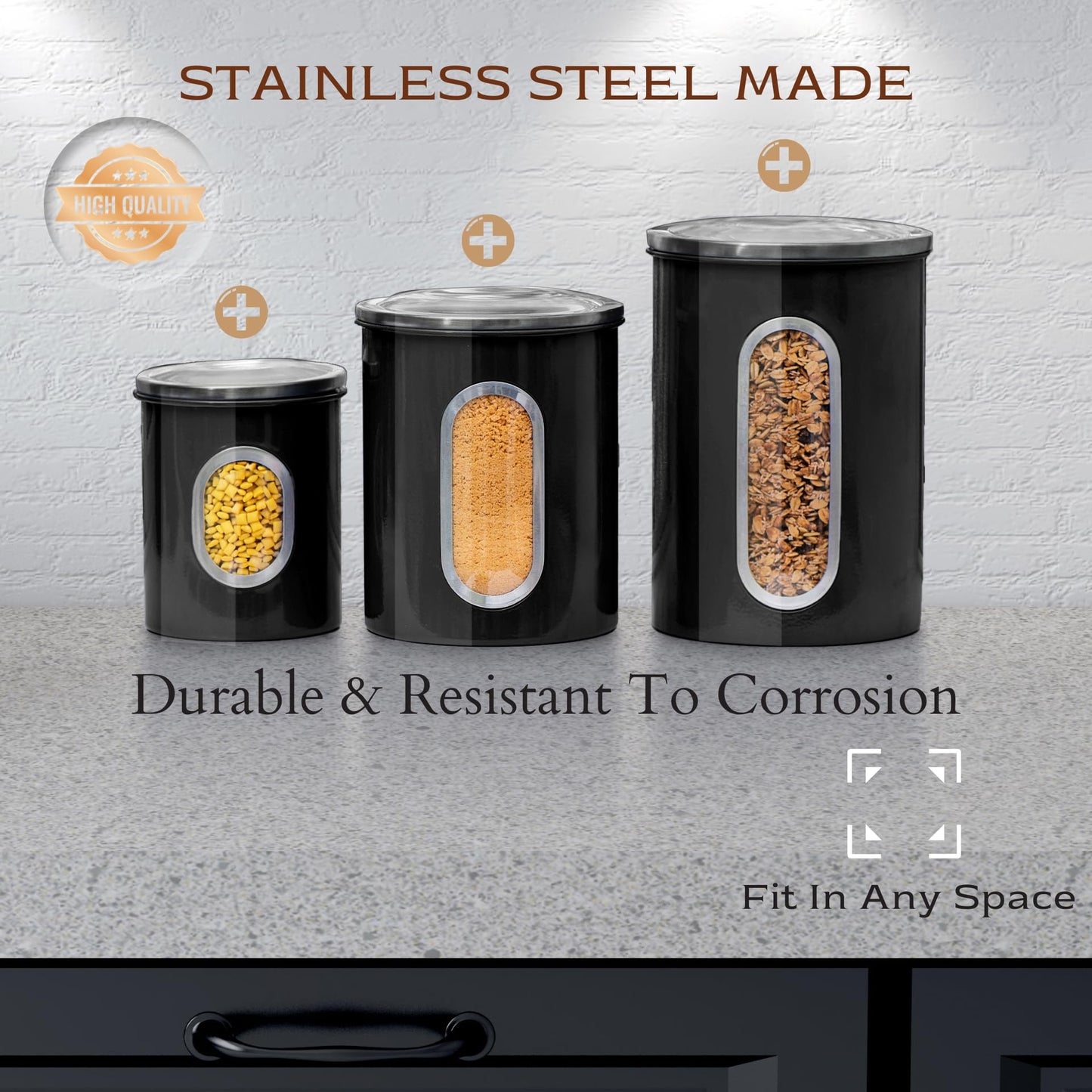 Moss & Stone 3-Piece Black Canisters Sets For The Kitchen, Airtight Canister Set With See Through Window, Storage Jars for Coffee Container, Tea Organizer & Sugar Canister, Black Kitchen Canisters