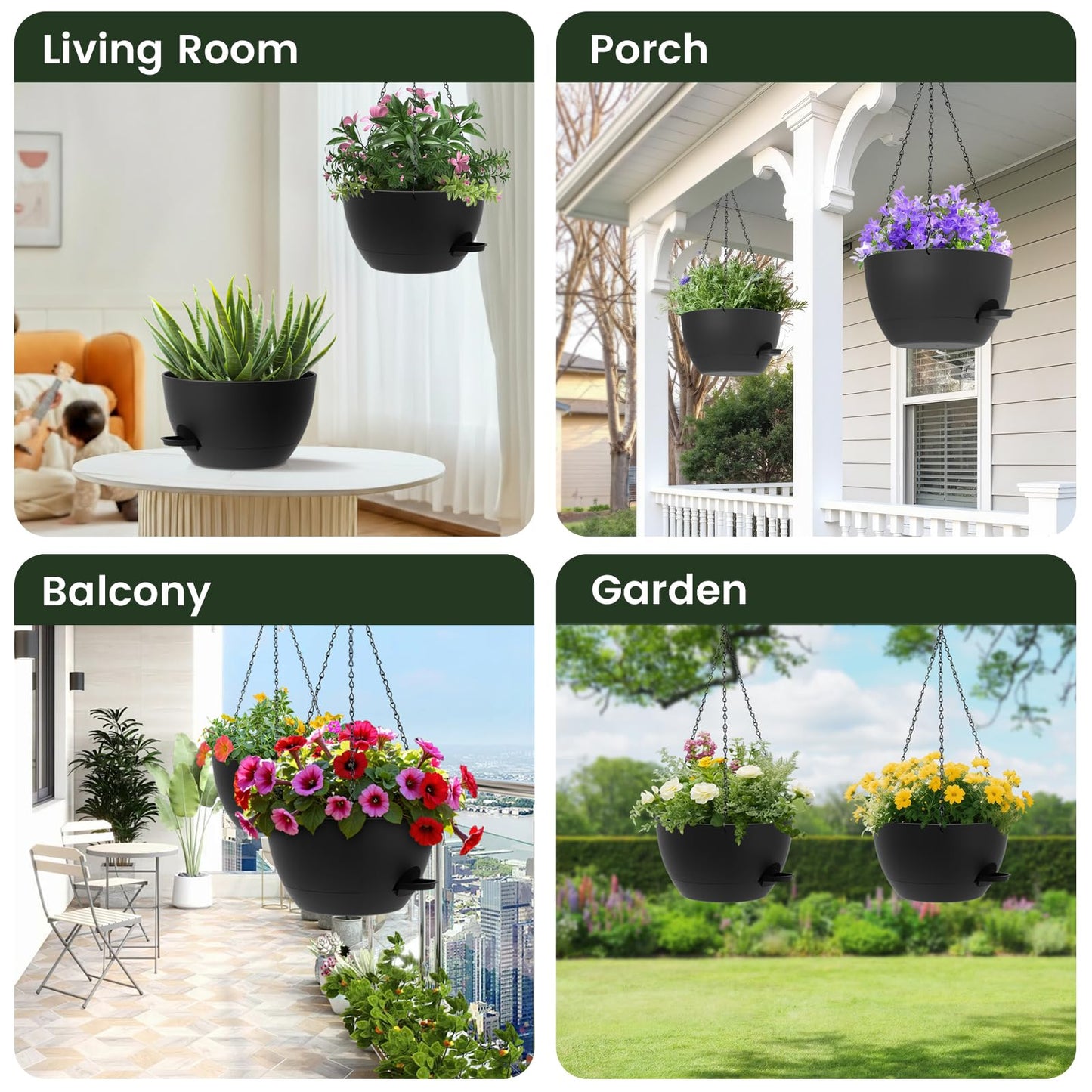 AHJZO 2 Pack 12 Hanging Flower Pots with Chains Self Watering Plastic Planters for Indoor Outdoor Plants, Sturdy Triangular Iron Chain Design for Garden PorchPlastic Hanging Flower pots (2, Black)