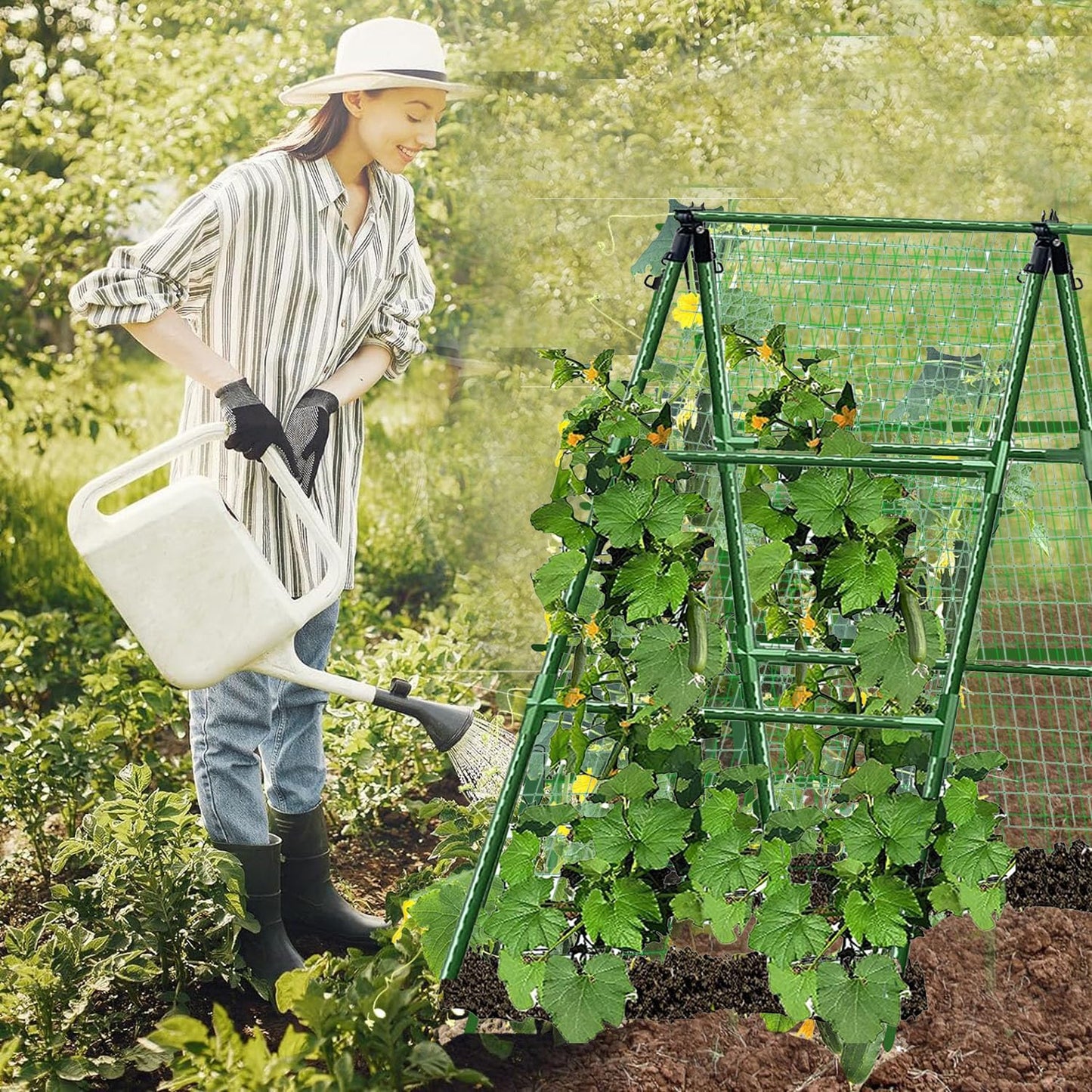 JK-GMTE Cucumber Trellises A Frame Plant Supports Green Trellis for Cucumber, Climbing Plants Vegetables Flowers (Green) 47x15in