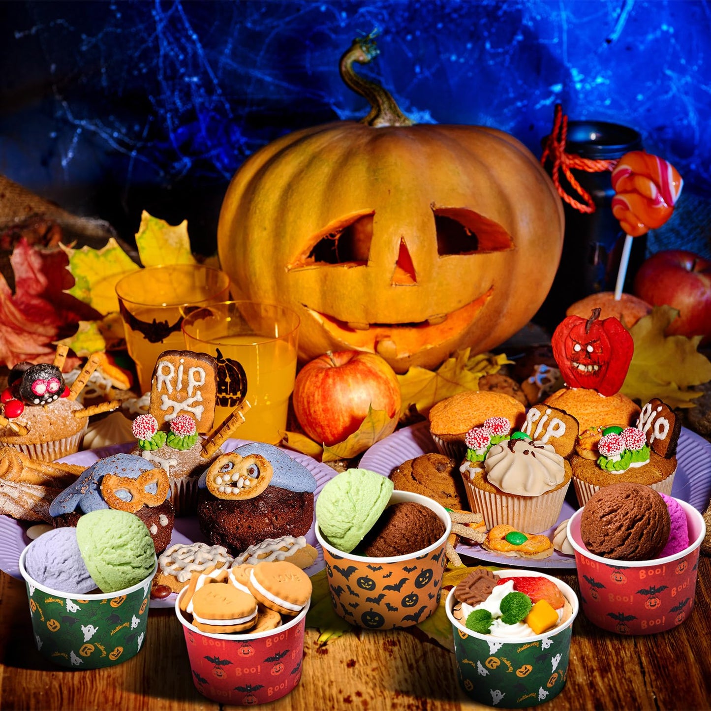 Newtay 120 Pcs Halloween Snack Cups 9 oz Ice Cream Bowls Pumpkin Ghost Bat Treat Paper Disposable Cups Dessert Soup Bowls for Hot or Cold Food Sundae Yogurt Halloween Party Supplies