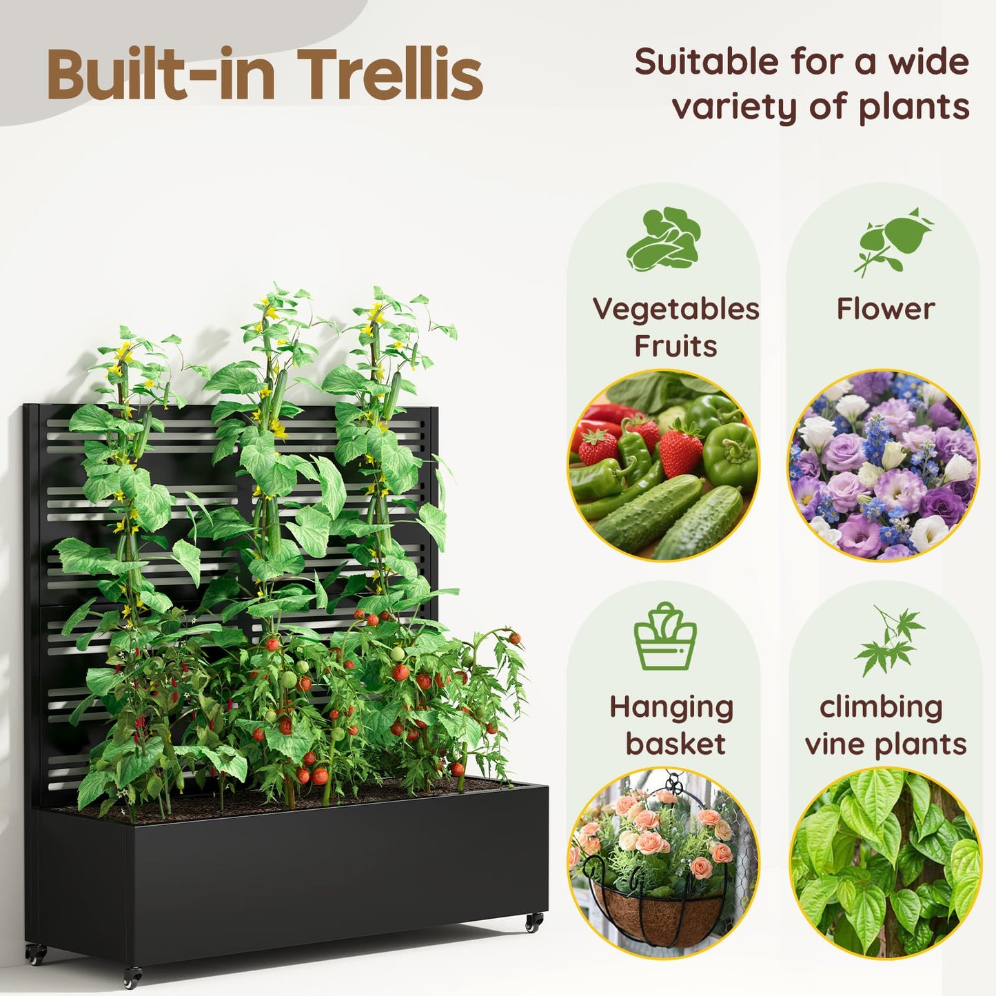 Metal Raised Garden Bed Trellis Large Outdoor Planter Box for Patio,Balcony Privacy Planters for Patio 48.4" x 47"x 15.7 Wheels Drainage Holes,for Climbing Vegetables,Flowers,Vines(Black)