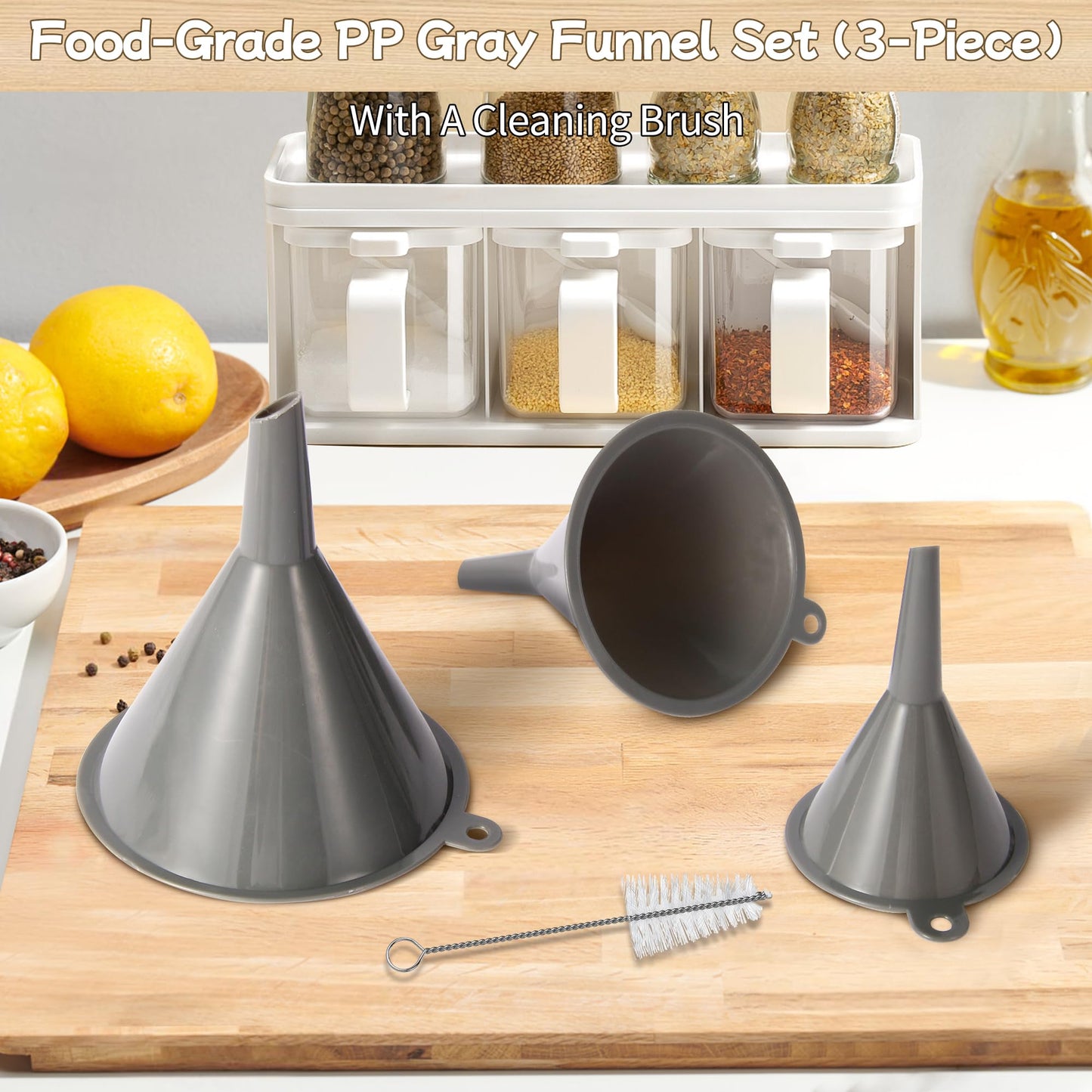 Plastic Kitchen Funnel Set of 3 with Clean Brush, BPA Free Round Food Funnels for Kitchen Use, Multifunctional Funnels for Filling Canning&Bottles, Suitable for Cooking, Lab and Automotive Use