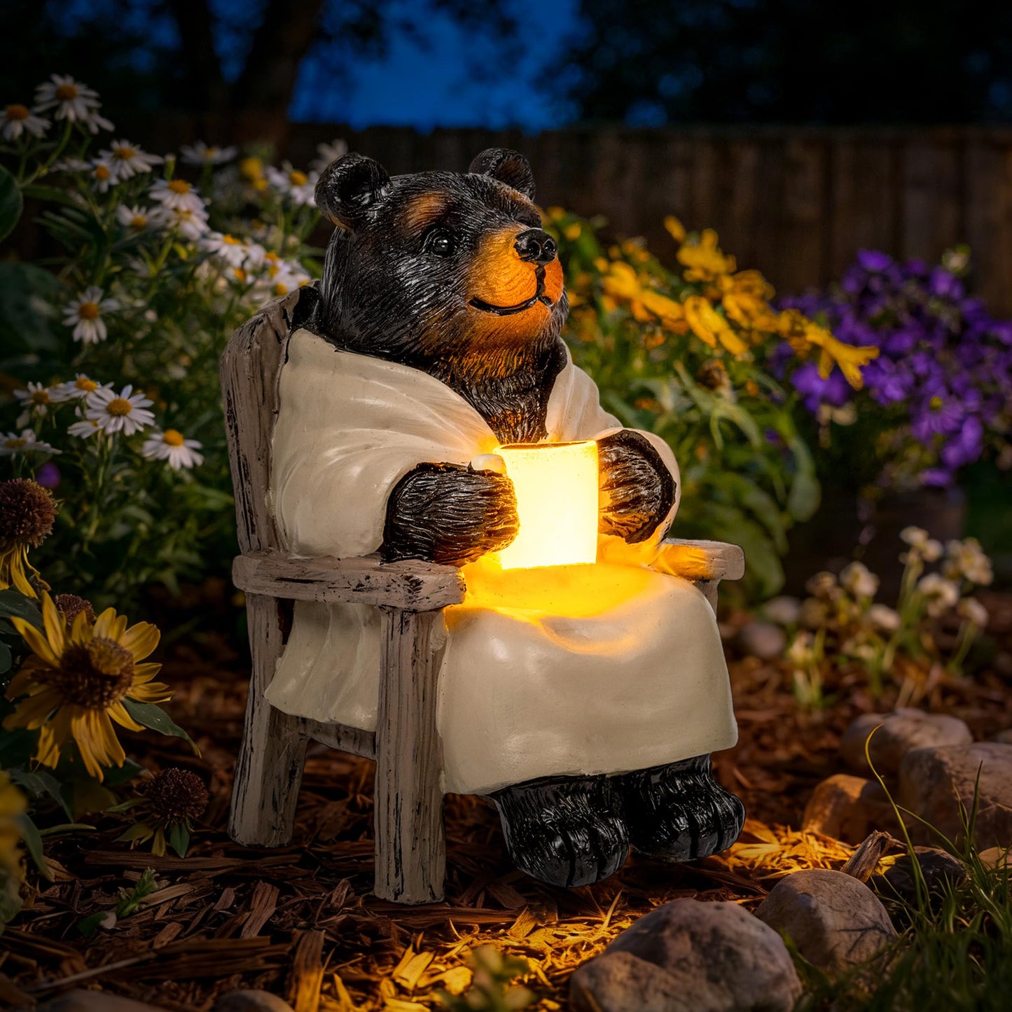 SOWSUN Miniature Garden Statue, Solar Black Bear Decoration with Light, Outdoor Decor for Patio Yard Lawn Balcony, Christmas/Birthday Gift for Mom Women