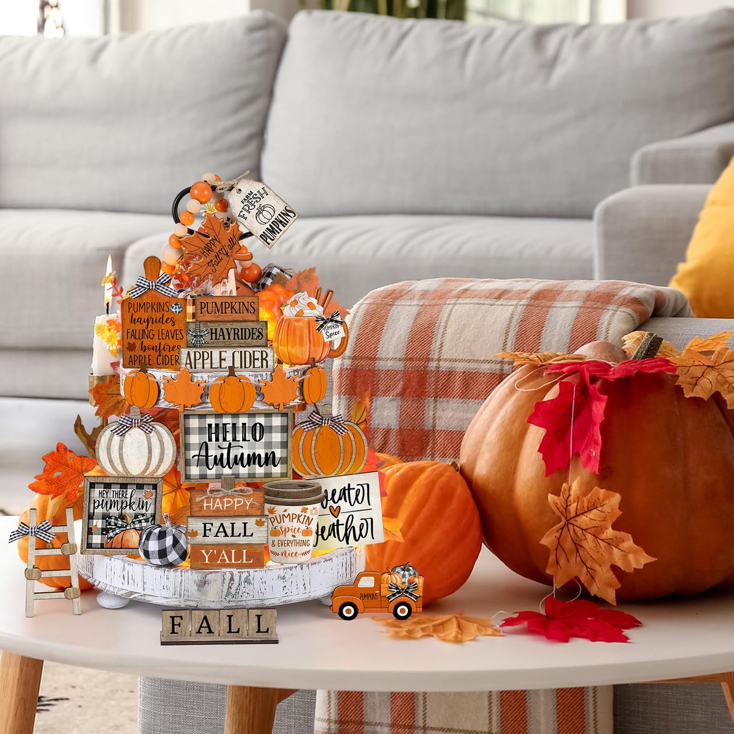 DoubleFill 21 Pcs Fall Thanksgiving Tiered Tray Decoration Set Thanksgiving Table Sign Pumpkins Farmhouse Gnome Maple Leaves Centerpieces Harvest Wood Blocks Signs Fall Block Tabletop for Autumn