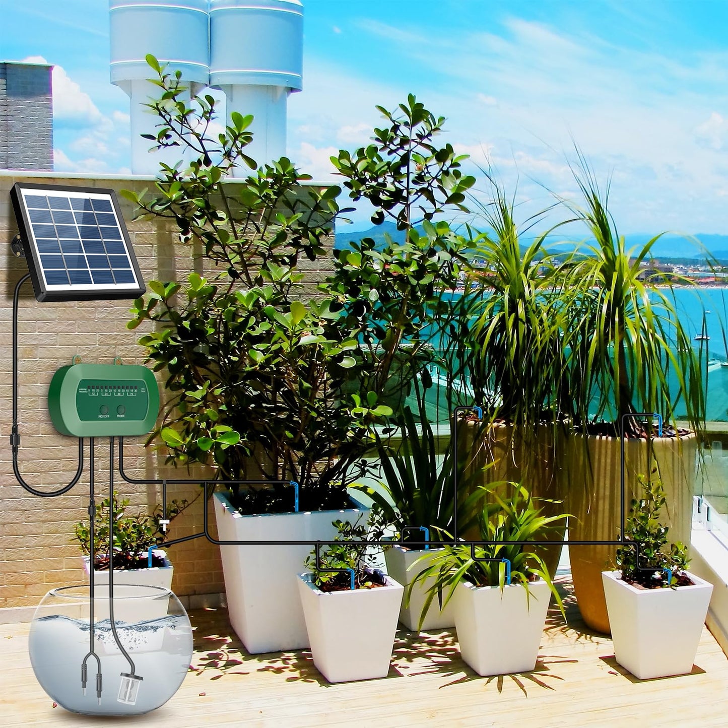 Anseto Solar Drip Irrigation System, Automatic Watering Kit with Split Design & Anti-Siphon Valve, 12 Modes Garden Irrigation System with 49ft Hose for 15 Potted Plants, Patio, Balcony & Greenhouse
