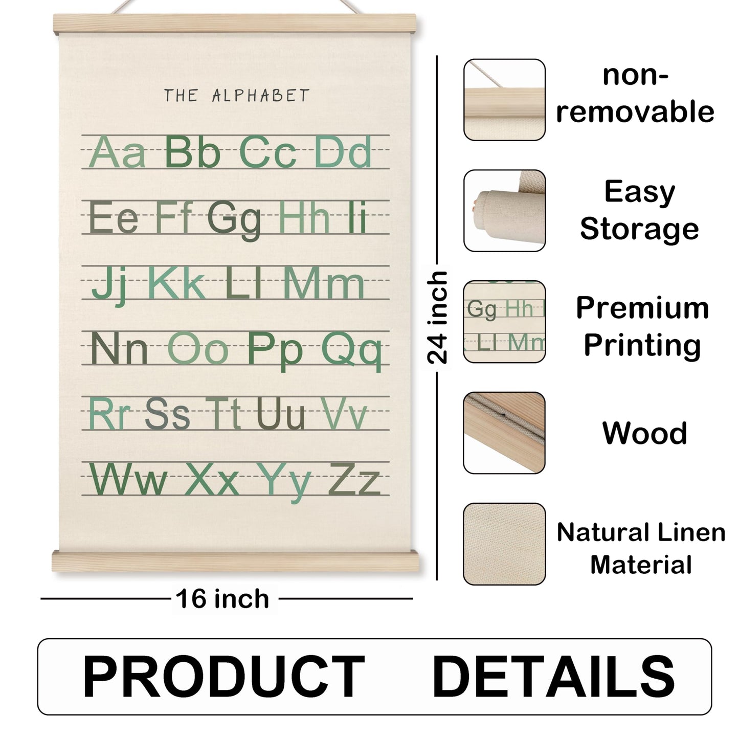 HRQKO Alphabet Numbers Poster Hanger Frame Set of 2, Nursery Wall Decor, Boho ABC Poster Wall Art with Wooden Frames, Sage Green Alphabet Banner Wall Hanging Decor for Toddler Playroom, 16x24 inch