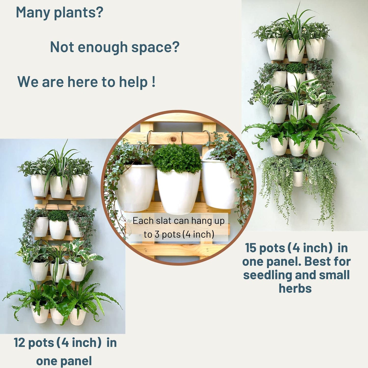 ShopLaLa Bundle- 5 Pack Set Wooden Plant Holder + 10 Pack, 4 Inch White Self Watering Plastic Pots Hydroponic Living Wall Mount Vertical Garden Systerm Rustic Farmhouse Home Shelves Ladder Stand Decor