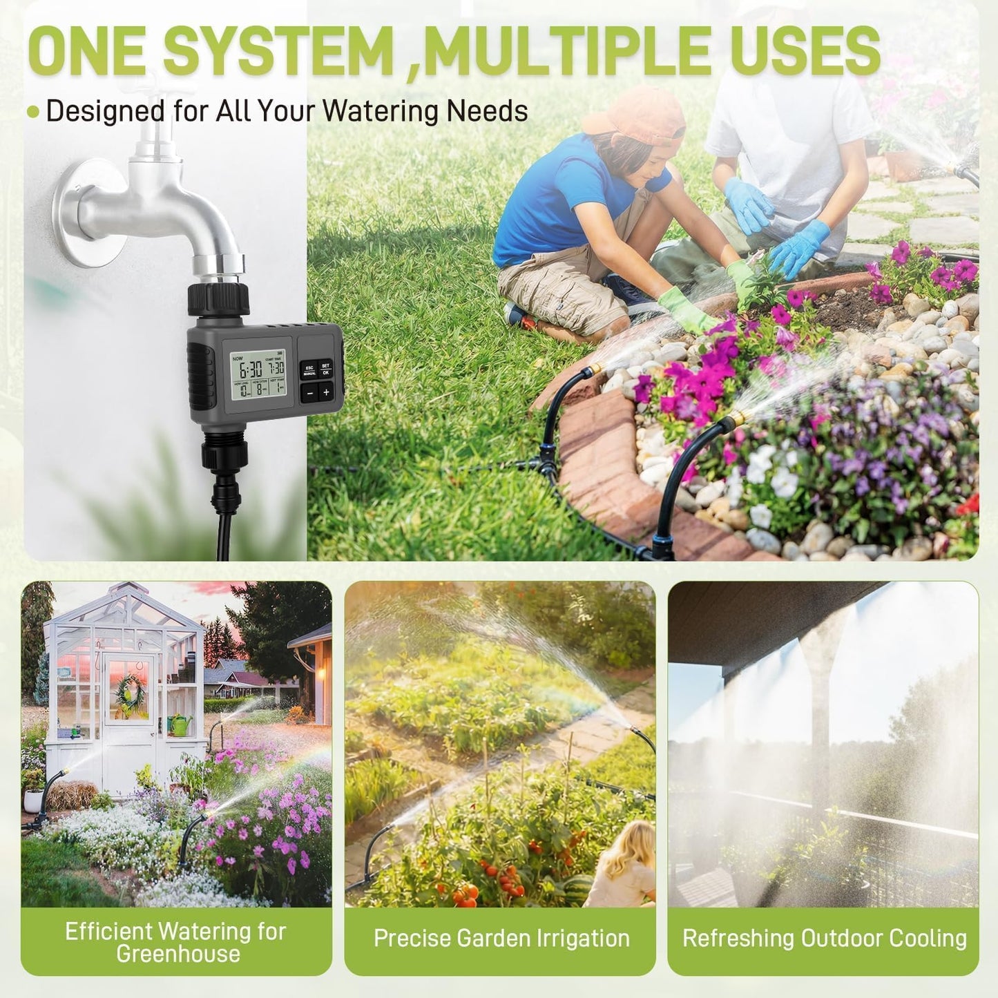 66FT Drip Irrigation Kit with Timer, Automatic Garden Watering System with Flexible 360° Bendable Hose & Adjustable Emitters, Drip Irrigation System for Greenhouse, Yard, Flower Bed, Lawn & Plants