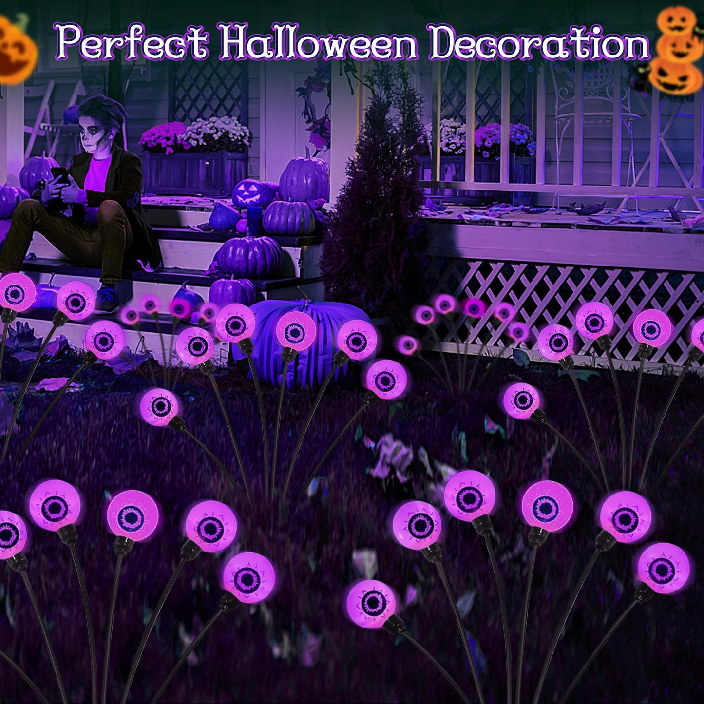 Outdoor Halloween Decorations - Swaying Solar Eyeball Lights, 2PCS 12LED Firefly Lights, 2 Mode Waterproof Path Lights for Yard, Garden, Lawn, and Party Decor (Purple)