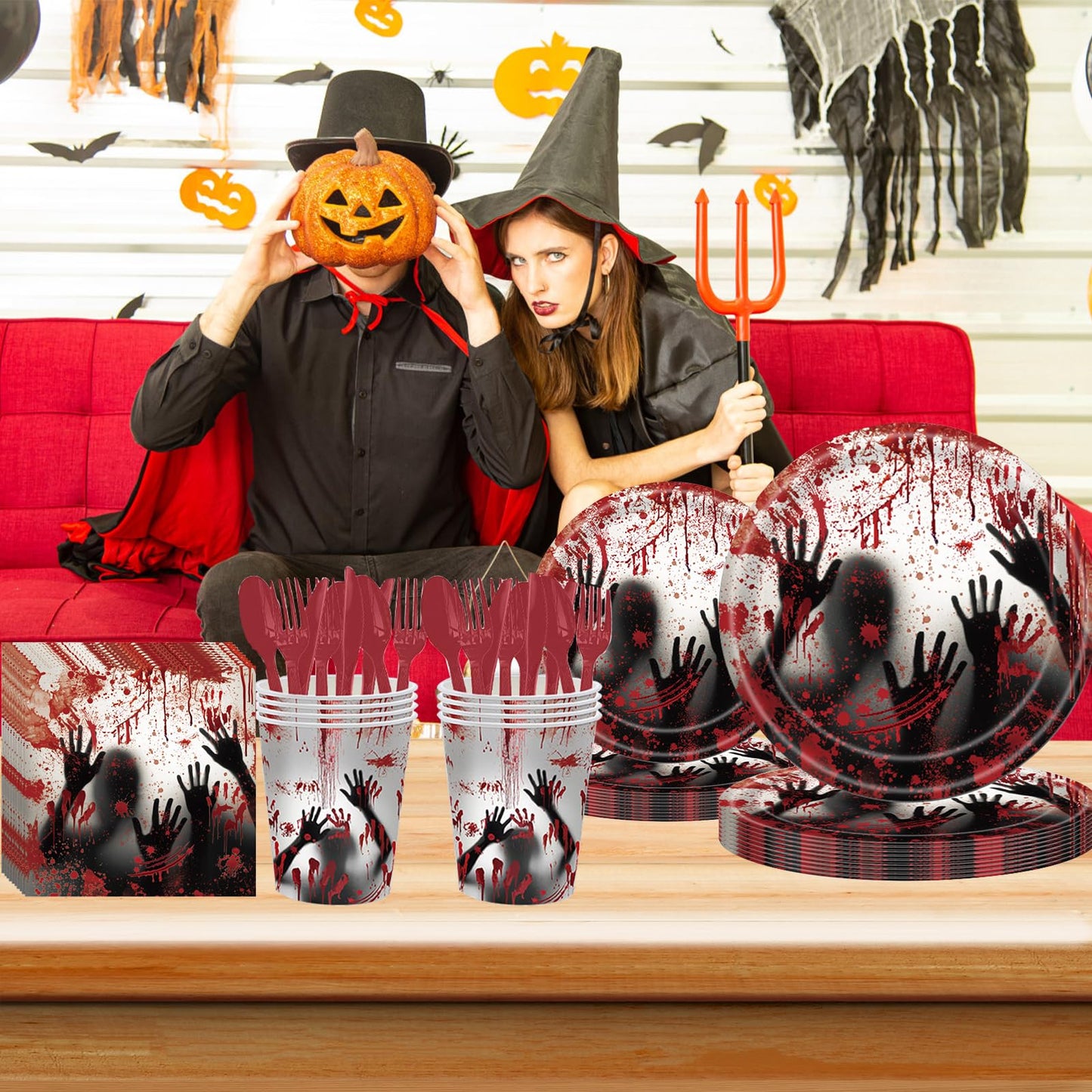 AWLZJZQA 168 Pcs Bloody Halloween Supplies Serve 24 Zombie Horror Halloween Birthday Party Decorations Scream Bloody Good Time Party Plates and Napkins Dinnerware Set Horror Movie Decorations