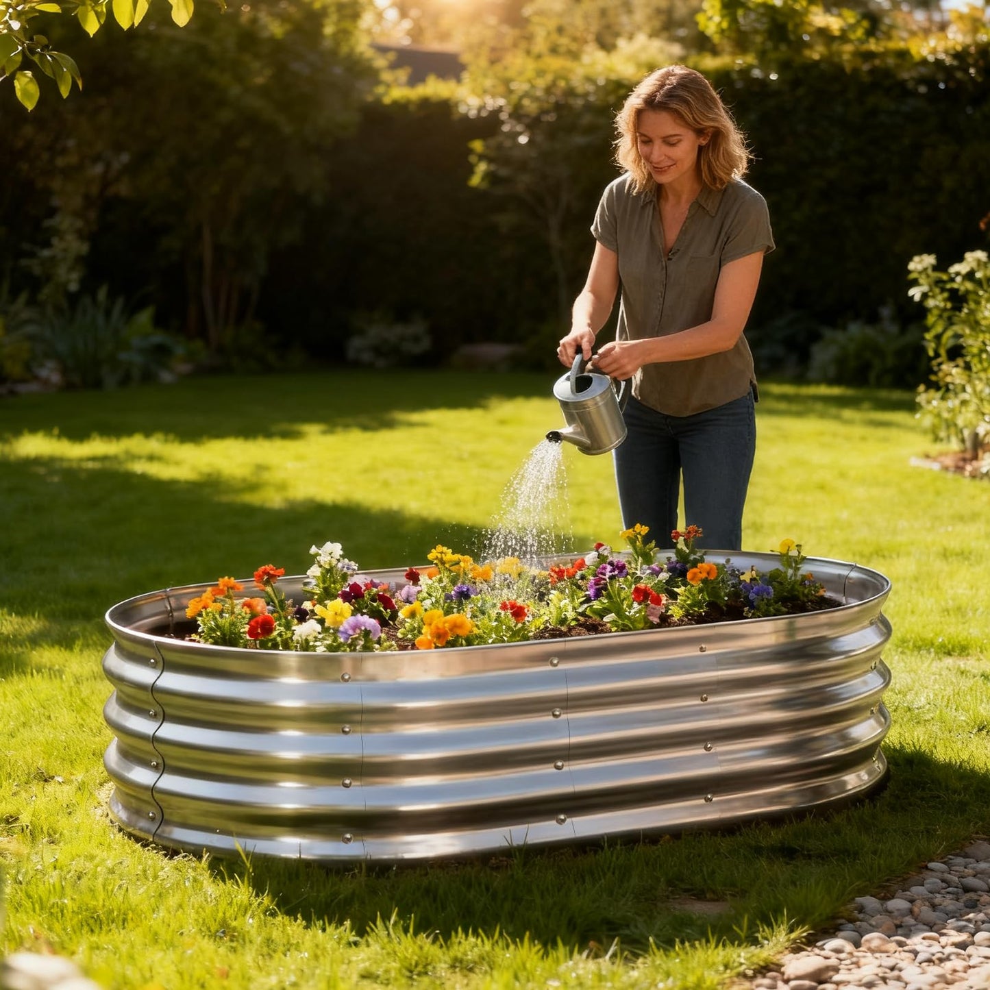 TATAANTY Galvanized Raised Garden Bed for Outdoor: 4X2X1ft Durable Metal Vegetable Plant Container Kit - Oval Planter Box for Gardening Flower Trough