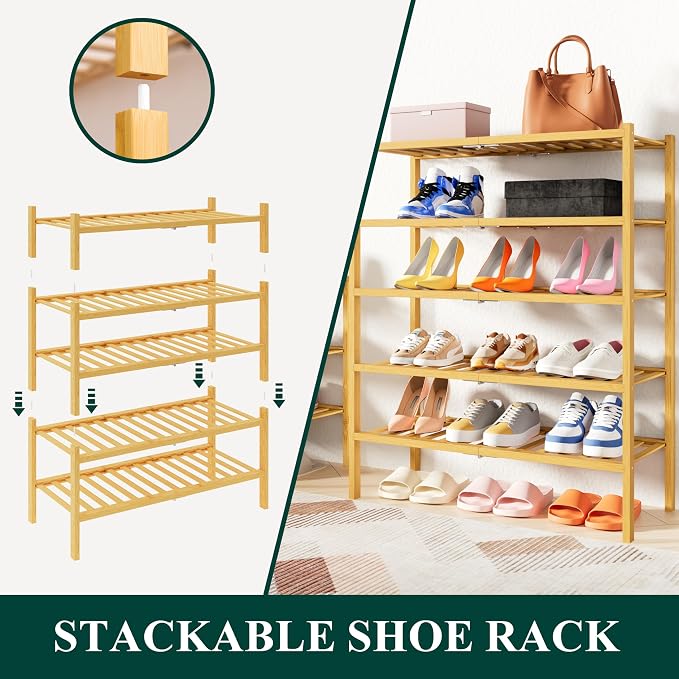 Smiry Small Bamboo Shoe Rack, 4 Tier Free Standing Wooden Shoe Organizer, Stackable Wood Shoe Storage Shelf for Closet, Entryway, 14 Vertical Slats, 2+2 Stack Heavy-Duty Legs, 17.3"x11"x26", Natural