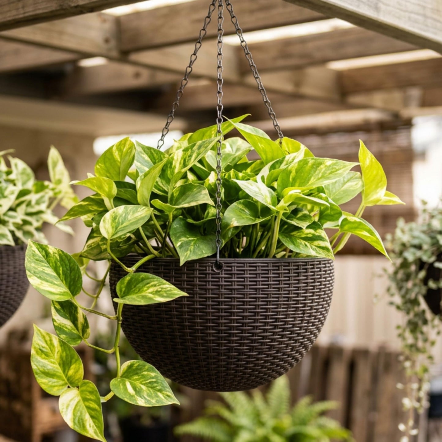 LaLaGreen Bundle- 3 Pack, 11 Black + 3 Pack, 11 Inch Brown Self Watering Hanging Plastic Basket Rattan Style Round Plant Flower Pots with Water Level Indicator Balcony Porch Modern Indoor Garden Decor