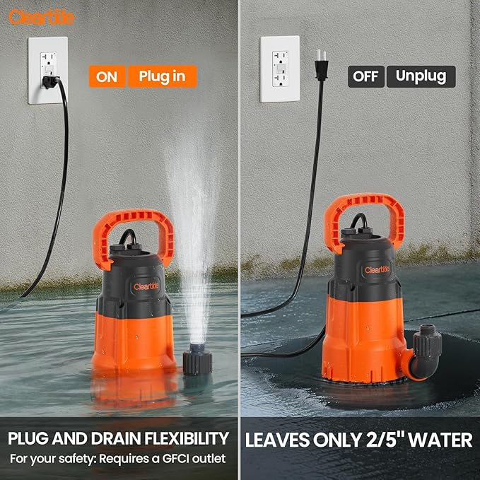Cleartide Submersible Utility Water Pump, 1/3 HP 2790 GPH, 100% Copper Motor, Thermoplastic Portable Plug & Work, Ideal for Pool, Flooded Basement, Hot Tub, Pond & Garden Draining,10 FT Cord