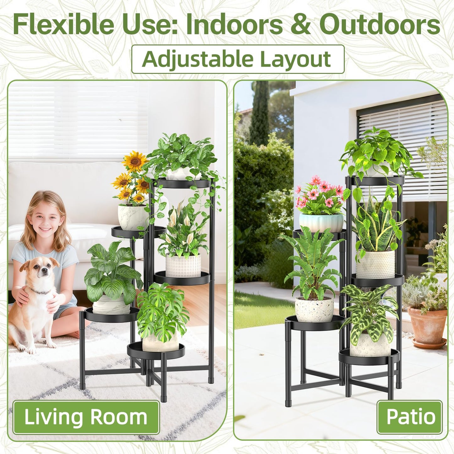iDavosic.ly Plant Stand with Garden Tools, 5 Tier Corner Metal Flower Display Holder Shelf Indoor Outdoor, Folding Tall Orchid Rack for Patio Balcony Porch Living Room House, Black