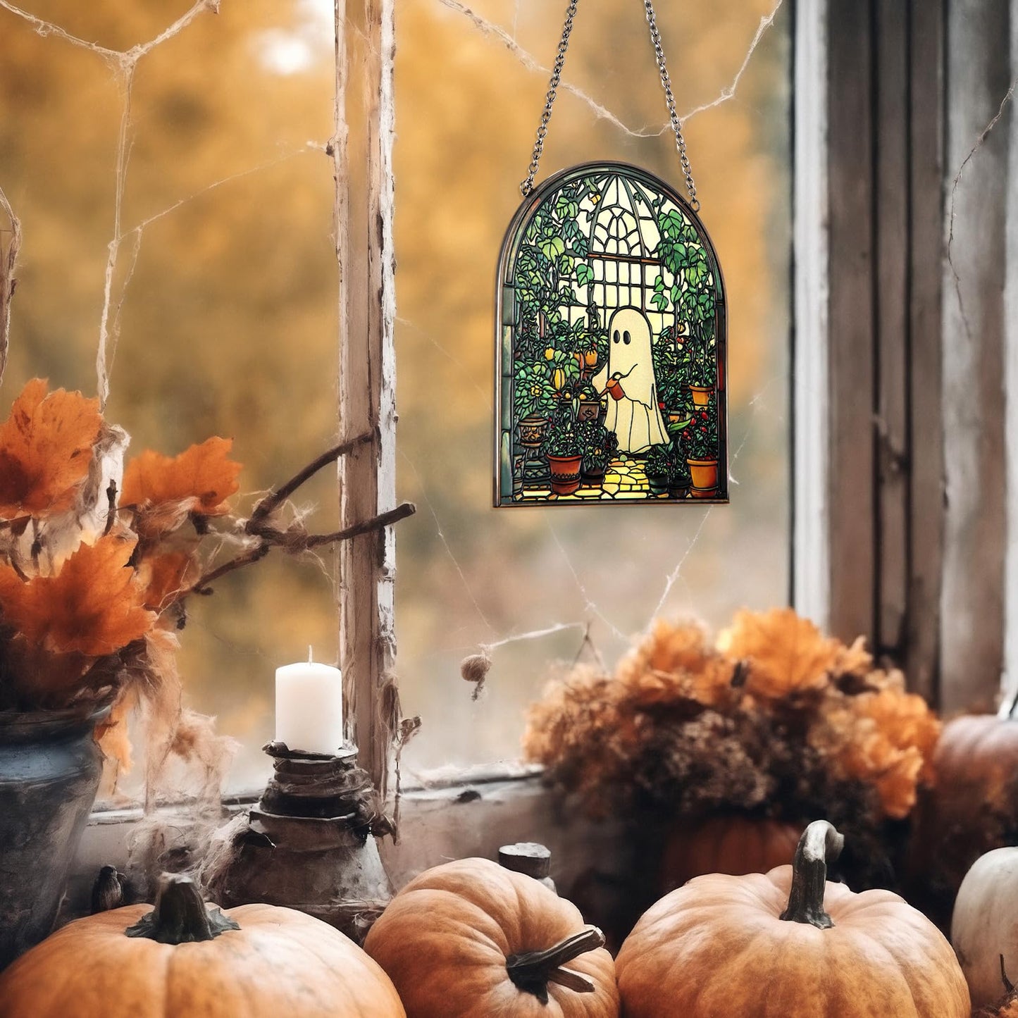 Colingmill Ghost Plant Suncatcher Cute Ghost Greenhouse Suncatcher Ornament Halloween Stained Glass Light Catcher, Halloween Garden Window Family Art Wall Decor, Plant Lovers Gift for Mom