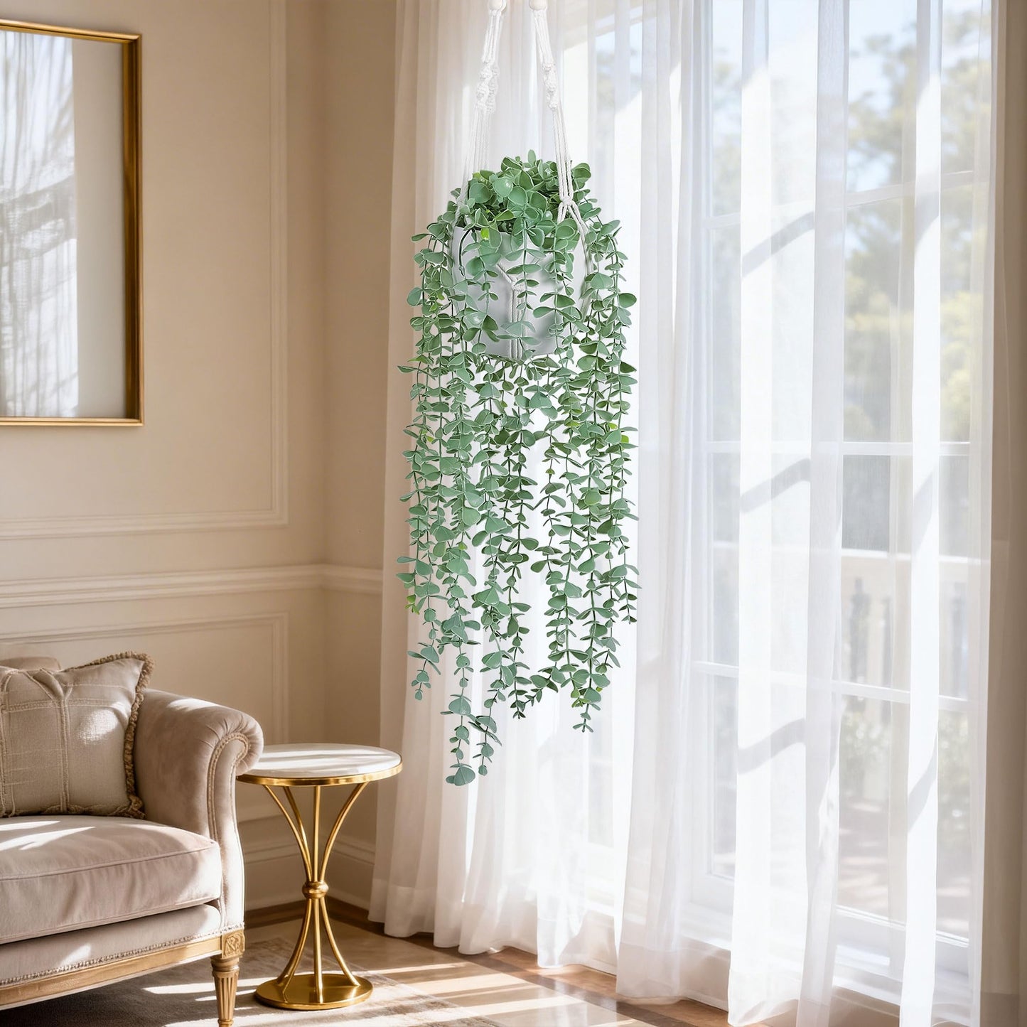 DREAMLOOM 2 Packs Fake Hanging Plants with Pots, Artificial Eucalyptus Hanging Plants with Macrame Hanger for Indoor Decor, Fake Hanging Vines Faux Greenery for Home Kitchen Office