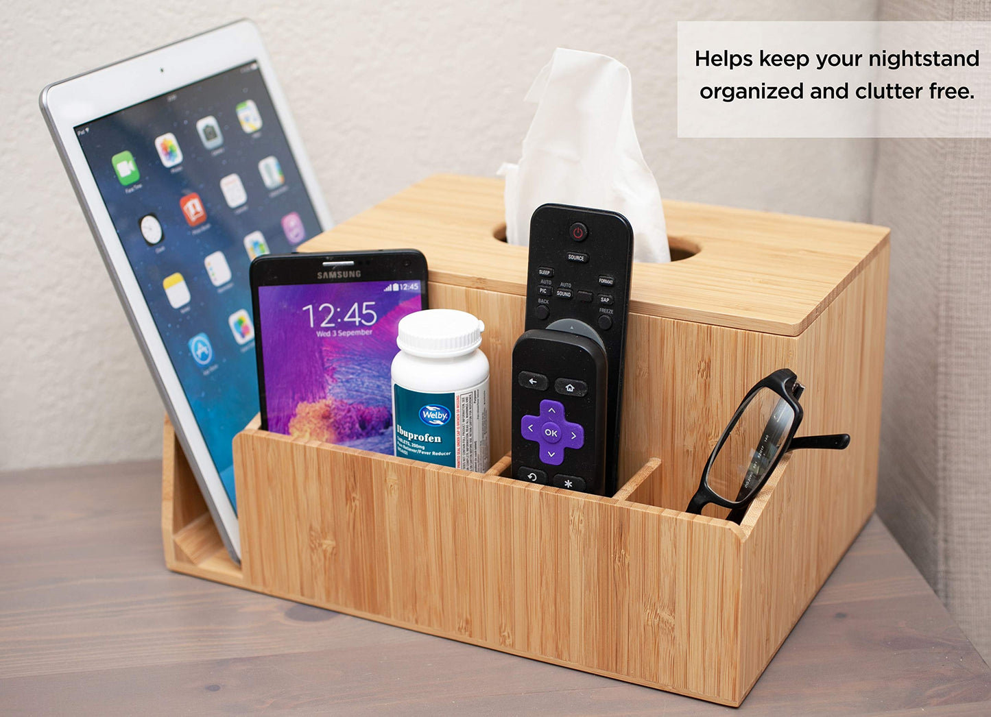 MobileVision Bamboo Tissue Box Holder & Tablet Stand Organizer for Bedroom & Desktop; compartments hold iPad Phones Remote Controls Reading Glasses Notepads & Pens