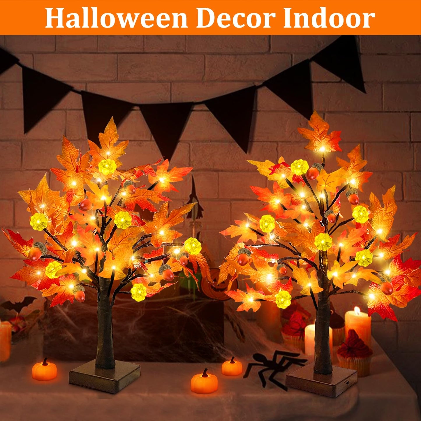 TURNMEON Fall Decor 2 Pack 18 Inch Prelit Fall Maple Tree Fall Decorations for Home with 48 LEDs Timer Battery Operated Pumpkin Lights Lighted Thanksgiving Halloween Decor Table Mantle Indoor Outdoor