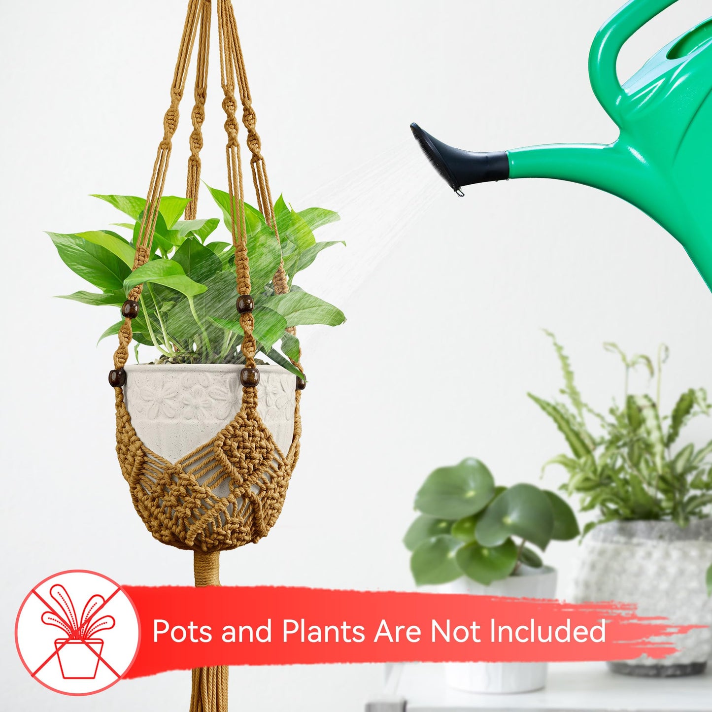 USLAI Macrame Plant Hanger Indoor Outdoor, Fits 3 to 6.5 inch Pots, Hanging Planter Holder with Beads and Tassels, Boho Home Decor, 35+35 Inch, Brown (POTS NOT Included)