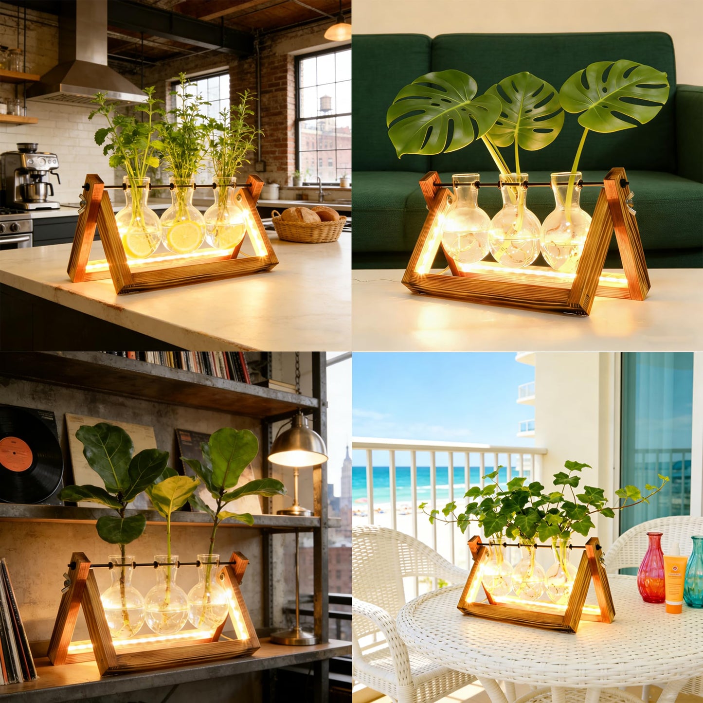 Plant Propagation Stations with LED Lights, Plants Terrarium with Retro Wooden Stand Glass Vase Hydroponics Planter Birthday Gift for Plant Lovers Home Garden Office Indoor Decoration-3 Bulb Vase