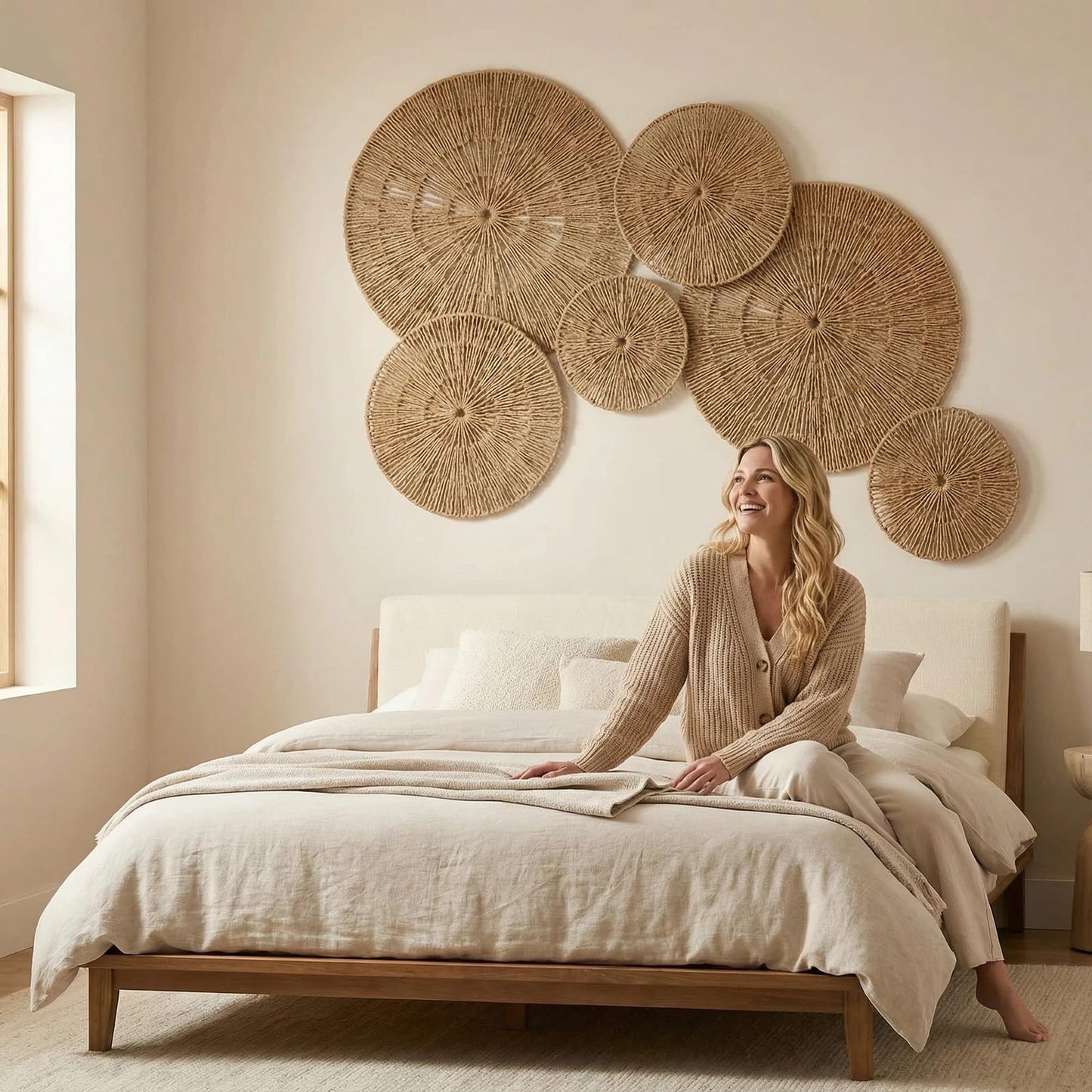 Acidea Jute Wall Decor Baskets, Set of 6 Extra Large Woven Rattan Wall Plates, Boho Decorative Wicker Hanging Baskets for Wall Arts, 22", 21", 15", 13", 11", 10", for Bedroom, Living Room, Entryway