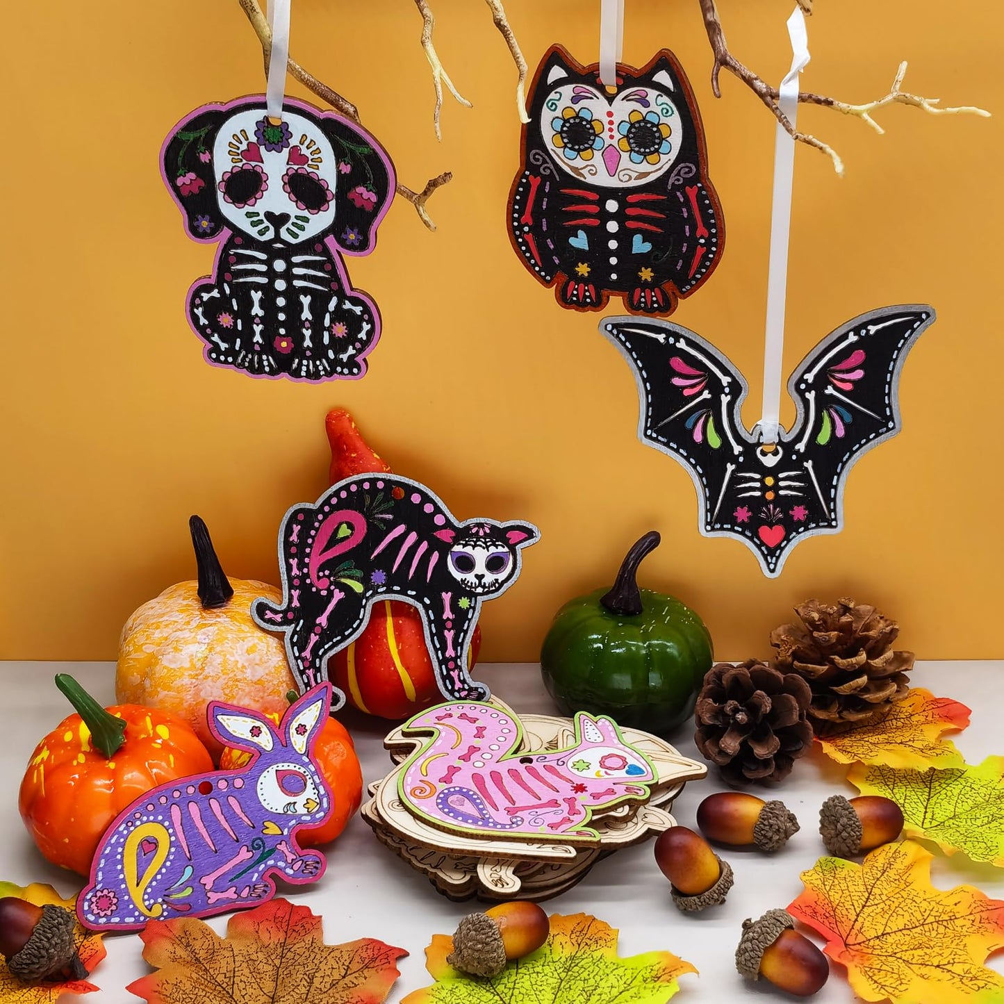56 Sets Halloween Sugar Skull Crafts Day of Dead Animal Skeleton Unfinished Wooden Ornament DIY Painting Make Your Own Dia De Los Muertos Decorations Mexican Fiesta Blank Cutout Hanging Slices