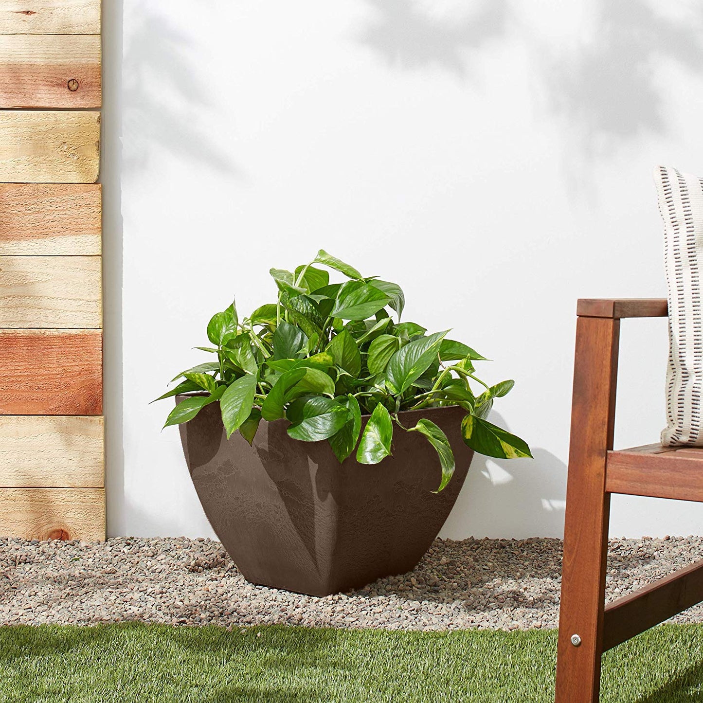 PSW Pot Collection 16x13 inch Plastic/Stone/Wood Composite Square Planter – No Drainage Hole (Drillable), Modern Indoor/Outer Pot for Flowers, Foliage, Succulents, Fairy Gardens, Chocolate