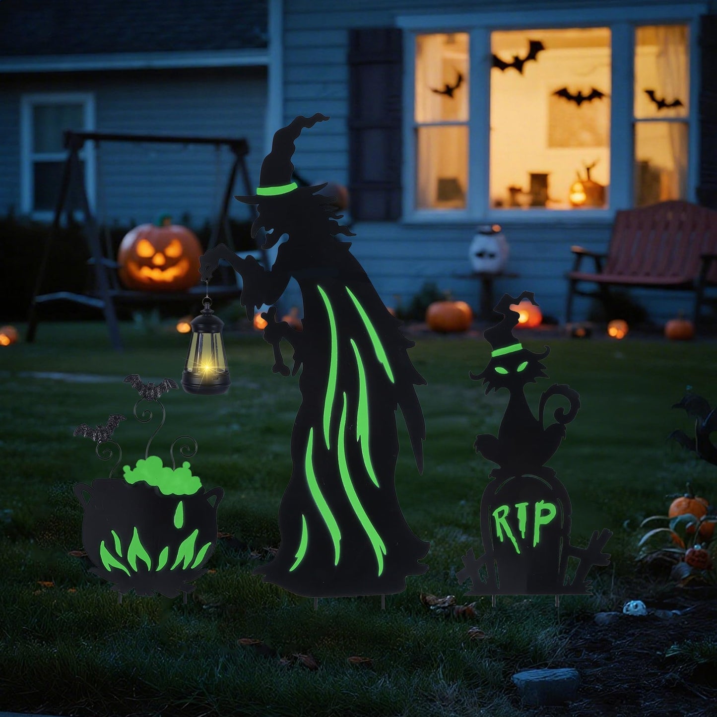 Prsildan Halloween Decorations Outdoor - 3 Pack Metal Witch Yard Stakes with Solar Lantern & Glow in The Dark Cauldron + Tombstone, Lighted Witches Silhouette Decor for Porch Garden Lawn Cemetery