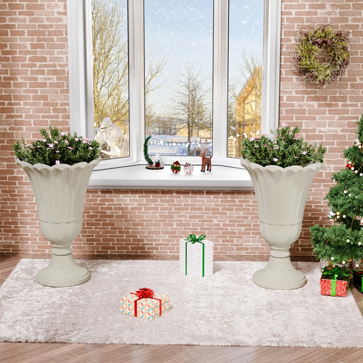 Trygoal 23.6" Tall Plastic Urn Planters for Outdoor Plants, Set of 2 Heavy-Duty Classic Indoor Large Flower Pots with Drainage Holes & Petal Design, Outdoor Planters for Porch, Home Garden, White