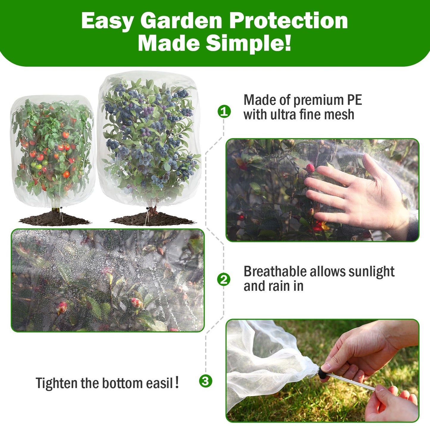 2 PCS Large Fruits Tree Netting Cover for Garden 4 x 6 ft Garden Insect Bird Barrier Plant Netting for Tomato Blueberry Bush Netting Covers Deer Cicada Netting Cover Bag with Drawstring