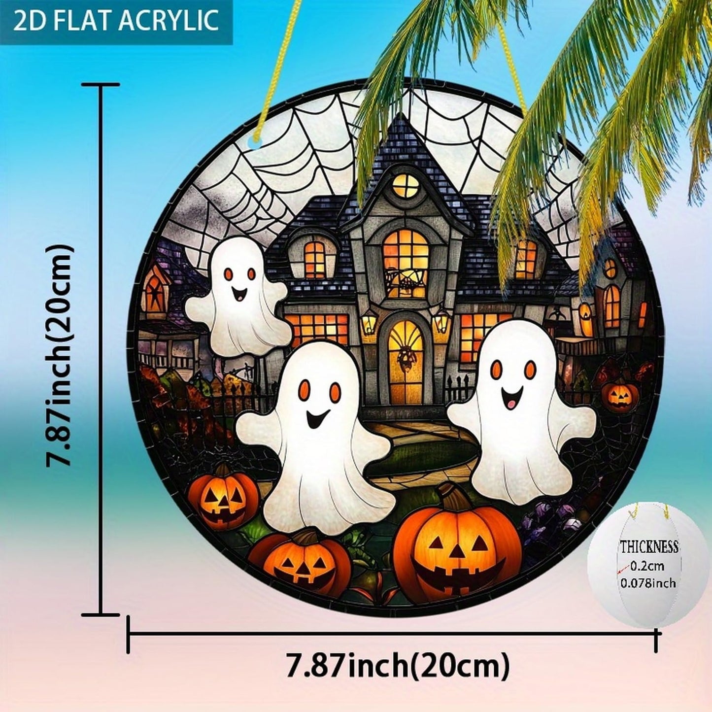 7.9inch Cute Halloween Suncatcher for Window Hanging,Ghost Pumpkin Castle Acrylic Suncatcher with Chain Halloween Window Decor for Home, Garden, Housewarming Round Ornament, Gift for Women Friend
