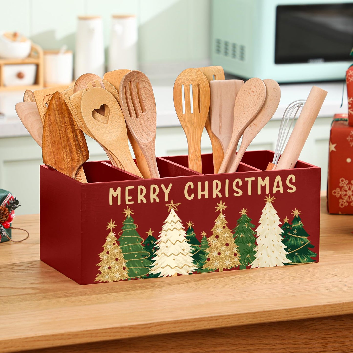 Meanplan Christmas Utensil Holder Christmas Kitchen Decor Extra Large Kitchen Utensils Holder with 4 Compartments for Xmas Farmhouse Indoor Decoration