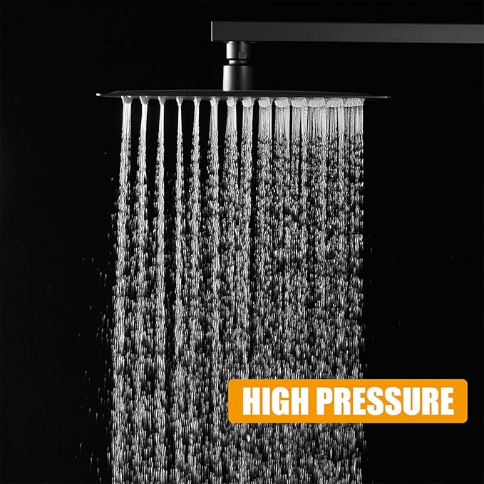 BESy 10 Inch Rain Shower Head, 10" Square Rainfall & High Pressure Stainless Steel Bath Showerhead, 1/16" Ultra Thin, Waterfall Full Body Coverage with Silicone Nozzle, Matte Black Finish