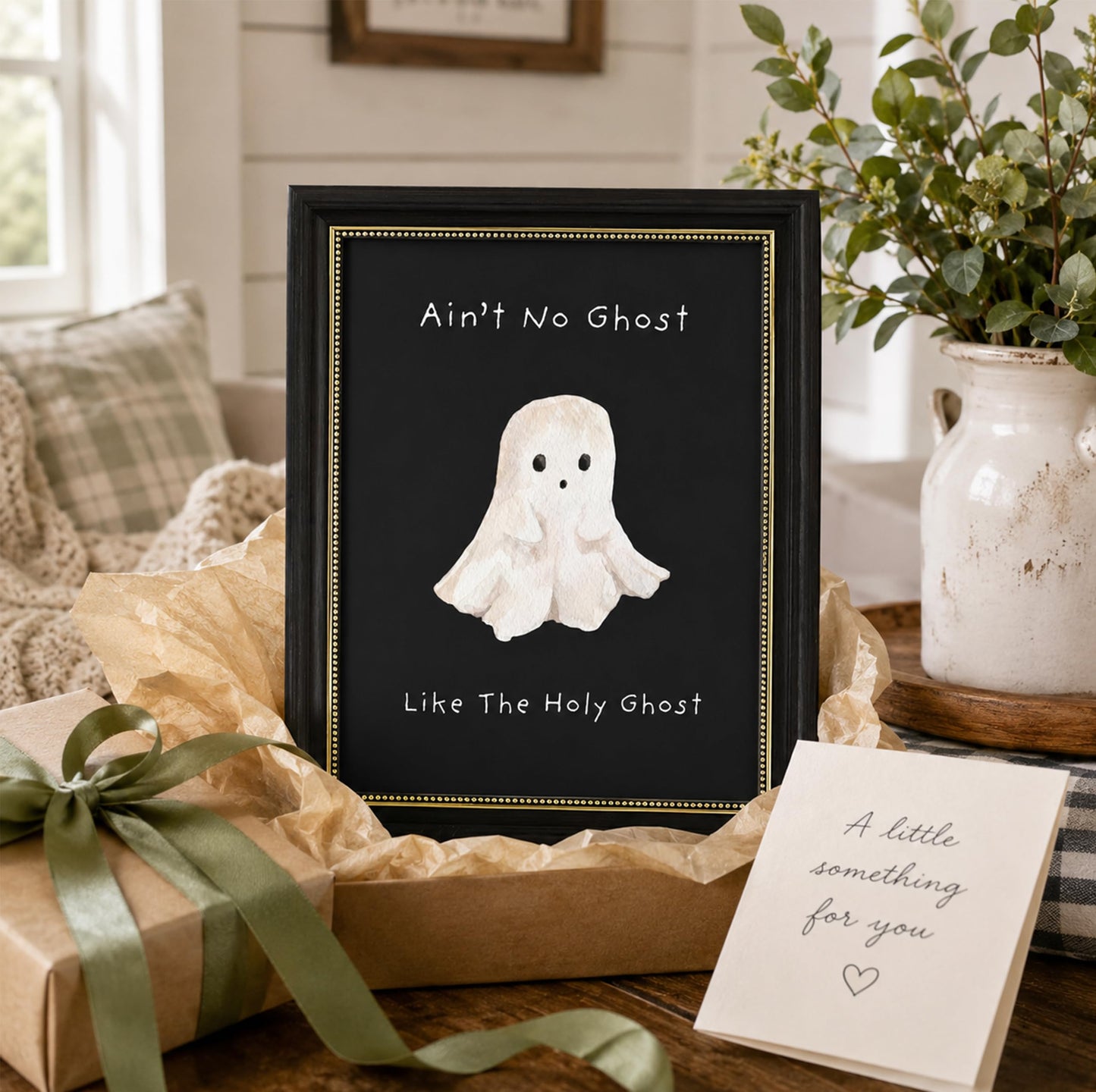 Vbaourut Framed Cute Halloween Wall Art, Funny Holy Ghost Canvas Painting, Cute Ghost Poster with Dark Brown Frame and Upgraded Hook and Loop for Living Room, 9x11 in