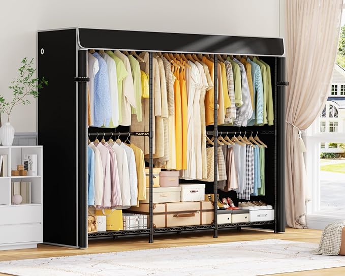 ULIFHOME E14C Pro Heavy Duty Closet Organizer System,Freestanding Clothing Racks for Hanging Clothes,Adjustable Garment Rack 69" W × 16" D × 77" H Hold 960 lbs,Black Rack with Black Dustproof Cover