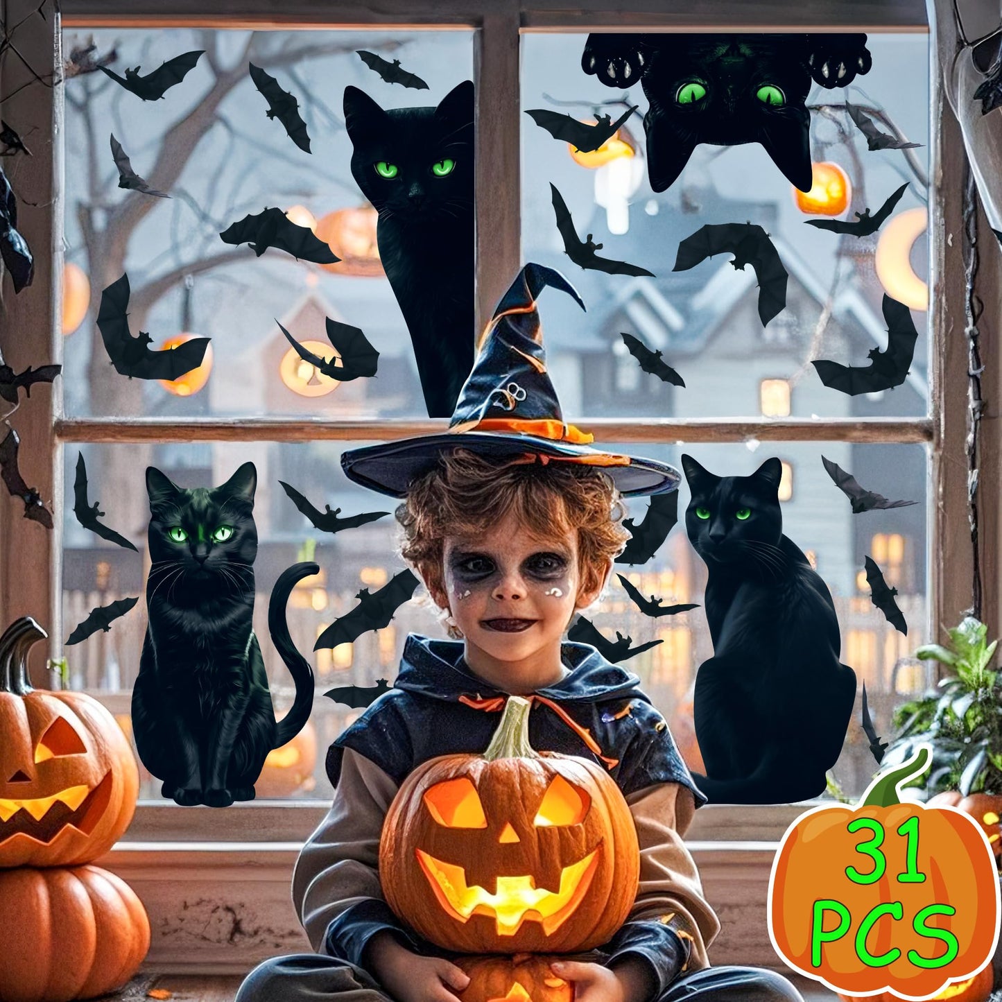 Halloween Decorations Window Clings,4 Sheet Large Black Cats Halloween Window Stickers,Bats Silhouette Window Decals for Indoor School Home Office Party Decor